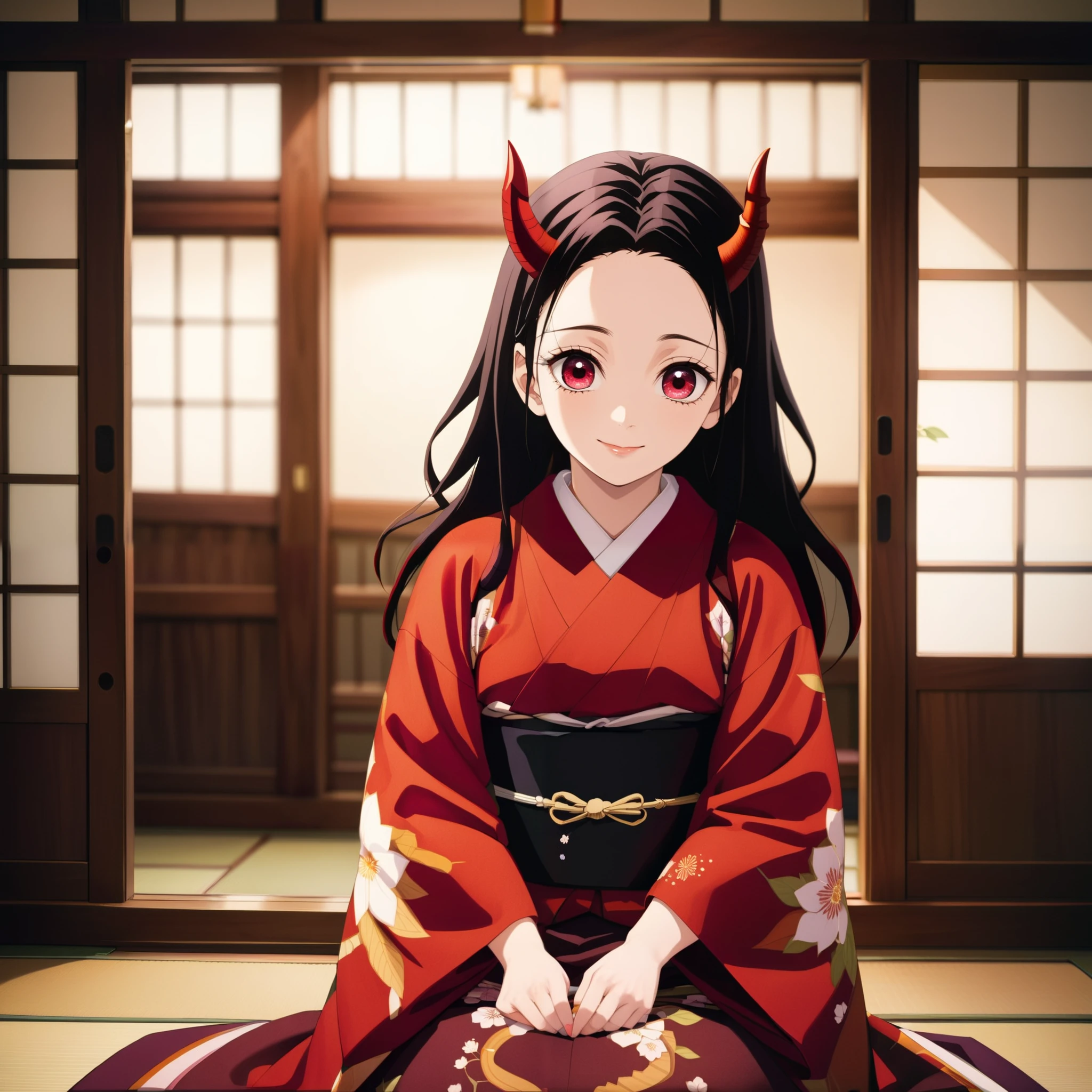 score_9, score_8_up, score_7_up, (Demon Slayer, Kimetsu no yaiba style), (nezuko kamado), (1girl, solo), 20years old, (black long hair, smooth straight hair, asymmetrical parting hair:1.1), forehead, red eyes, (red demon horns:1.4), kimono, smile, (sitting straight, SEIZA), (front view, looking at viewer), Japanese old style room