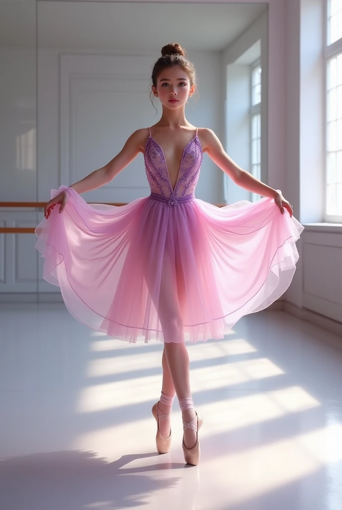 (Pink Hair :1.3),ballerina, Beautiful swan-like figure, (Highest quality,16K,Highest Resolution,Tabletop:1.2),Very detailed,(Realistic,Realistic,Realistic:1.37), flexible legs, 23-year-old woman, Random Hairstyles, Accentuate your waistline, Light background, Emphasis on flexibility, Ballet Suit, White Pantyhose, Pink tutu, Demonstrates leg flexibility, Ballet skirt, Ballet Suit