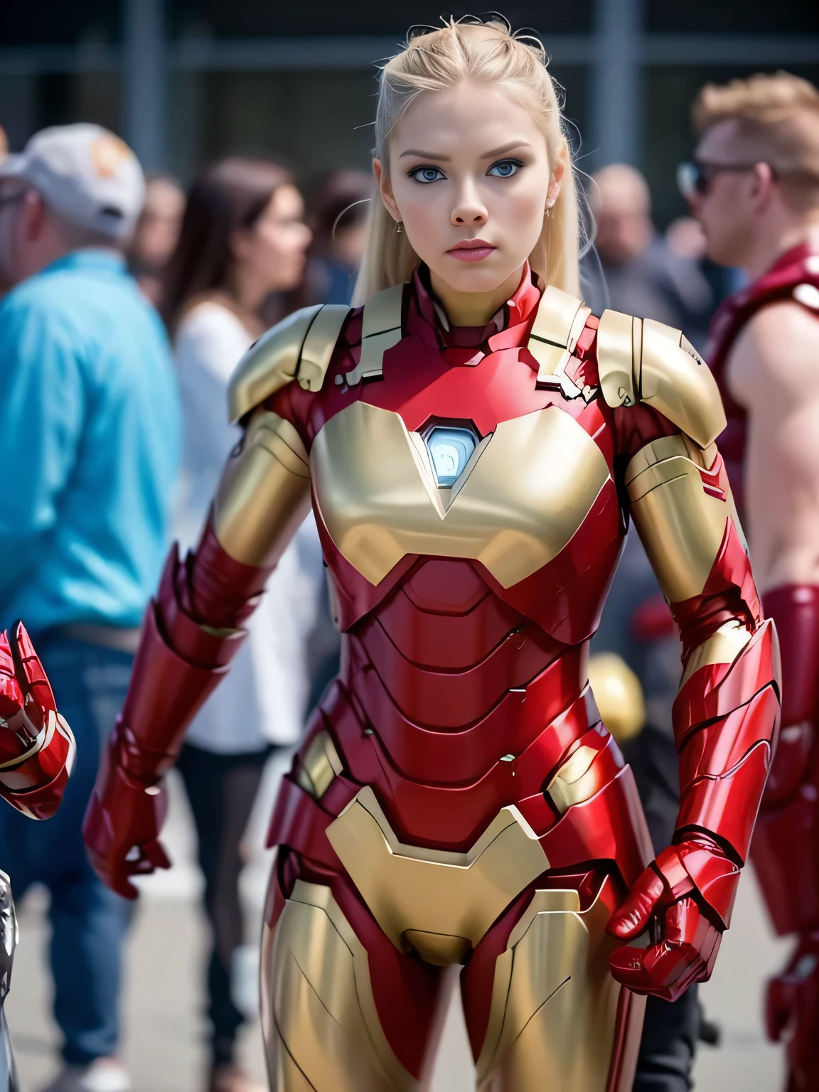 full body shot of a beautiful woman at Comic Con (face AlexiaThompson01R) she has blonde hair and blue eyes. She is standing tall, athletic and strong. she is at Comic Con. she is wearing an Iron Man suit.