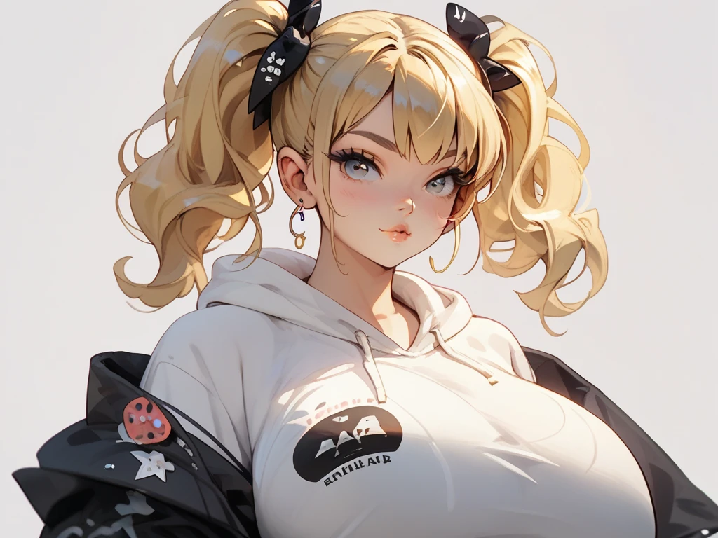 1girl, solo, young, seductive, perfect eyes, sexy body, blonde Twintail hairstyle, massive breasts, white hoodie, black trunks, very detailed, HD, plain background