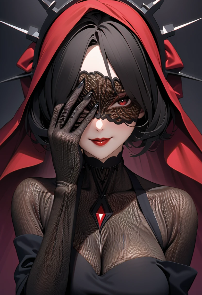 A gorgeous widow with a gorgeous black mesh covering her face and red lips smiling lewdly.masterpiece, and ultra-high resolution reveal the absurdity of this scene,