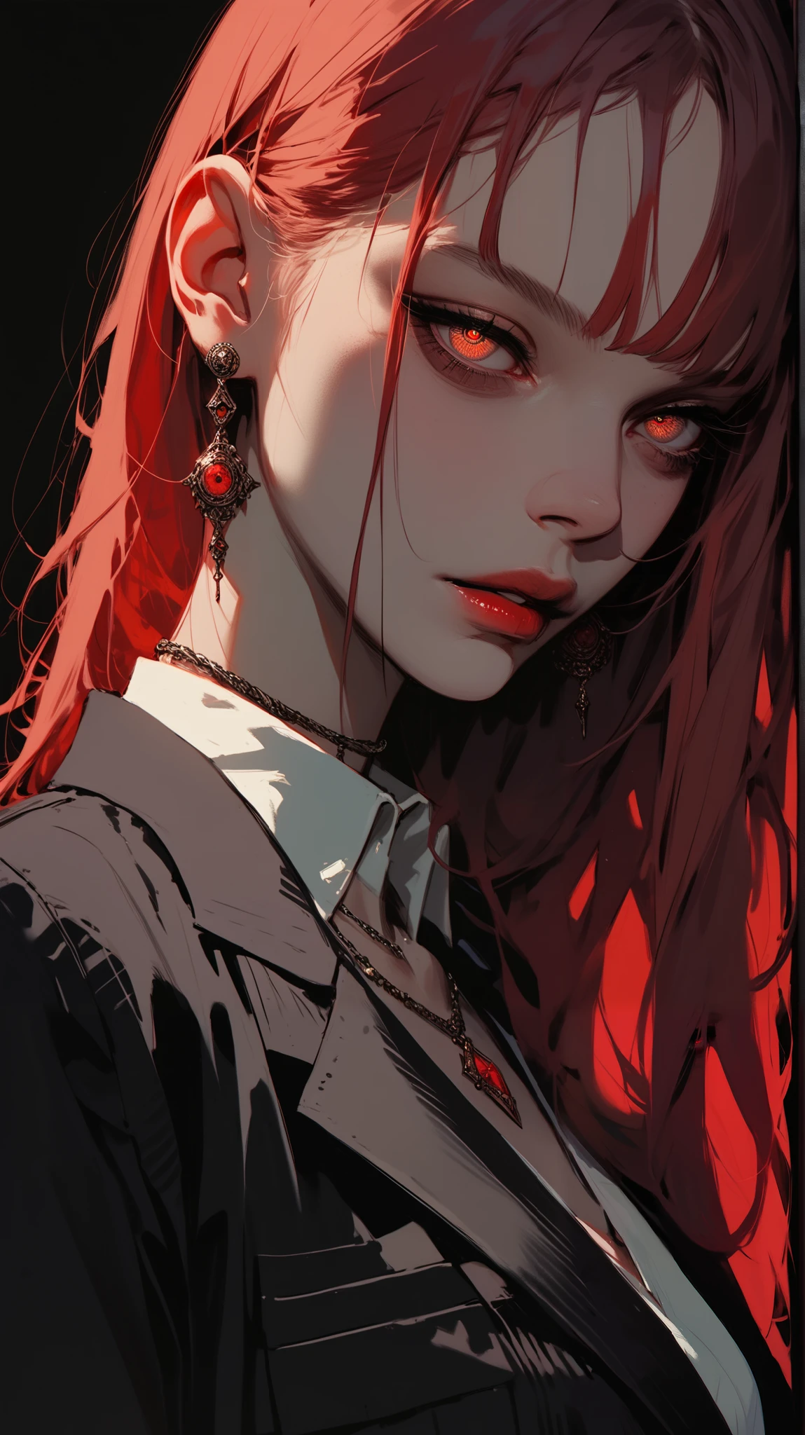 (masterpiece), (best quality), (Extremely detailed), (Best Illustration Award),(The best shadow), 一个美丽的吸Blood鬼 ,(Sharp eyeliner, Eyeshadow, Exquisite eyes:1.1),(Black trench coat), Long hair, Red Eyes, Fangs, Blood,, In a dark environment.