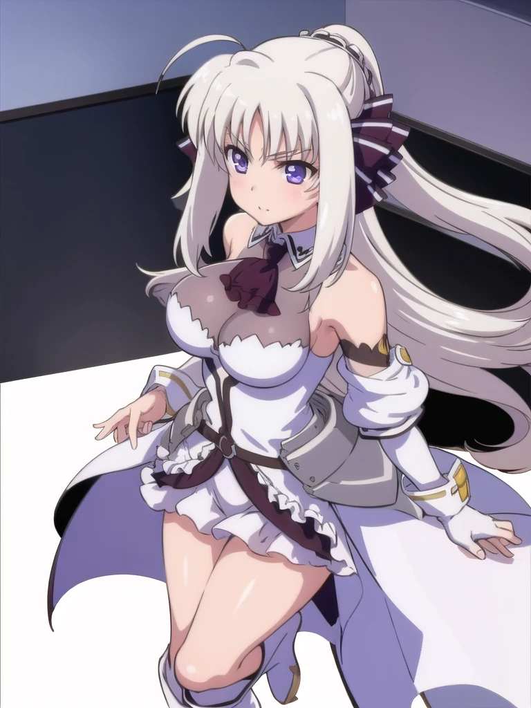  score_9, score_8_up, score_7_up, source_anime, rating_safe BREAK 1 girl, solo, ((indoor)), best quality, high quality, ultra detailed, detailed fingers, ((white hair)), rinne_bj, ((white thigh-length boots)), absolute territory, bare shoulders, ((knee high boots)), black gloves, black ascot, fingerless gloves, puff sleeves, skirt,
 female standing, long hair, looking at viewer, purple eyes, ahoge, v-shaped eyebrows, large breasts, hair ribbon, ponytail, bangs, full body, 
