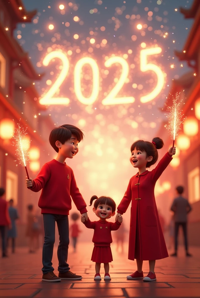  family of three wearing red clothes hand in hand to celebrate the arrival of the New Year together， they have a happy expression， in the lively street， outline characters behind the warm lights， holding fireworks sticks， happy， focus on the characters， blooming fireworks bloom out the number "2025"， starry sky， shooting stars， there are blooming smoke and rising Kongming light in the distance， cartoon， lovely， Best picture quality， 8k， High detail， c4d， 3d blender,