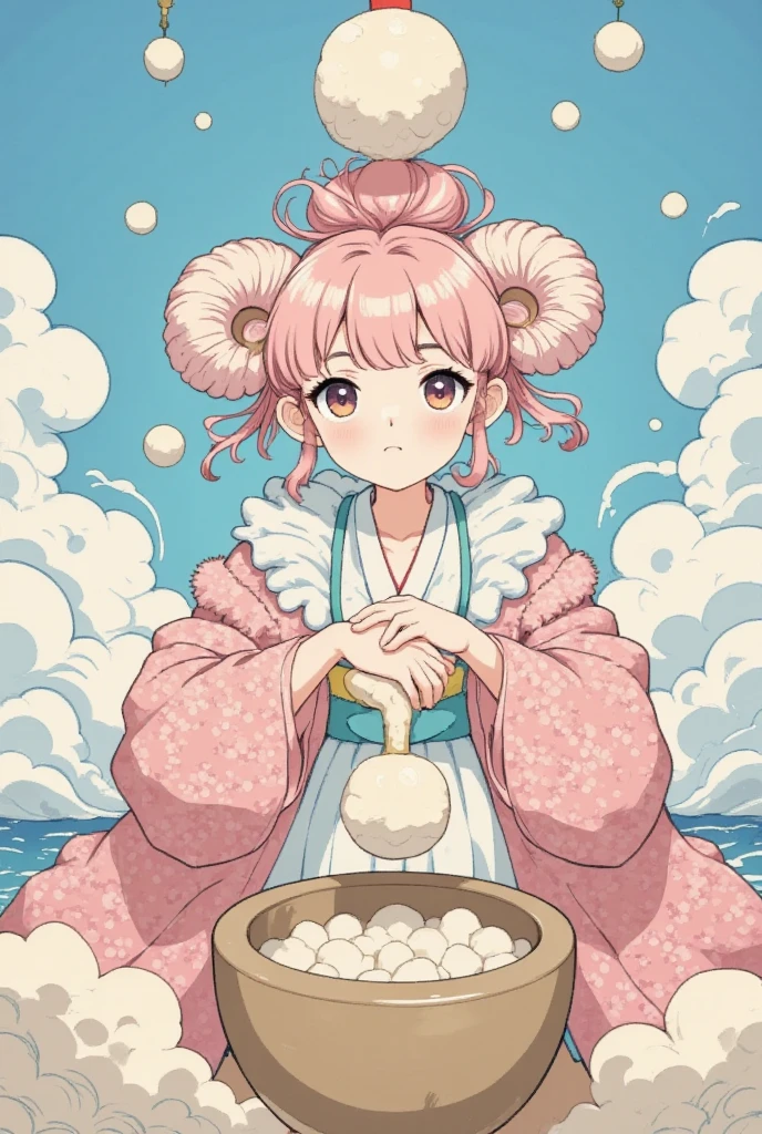 masterpiece:1.3,  highres icon:1.3, (Alone:1.2, ), One Girl \She has fluffy pink hair tied up:1.5\Round sheep horns:1.2\Thick eyebrows:1.1\ pink furry sleeve \long-sleeved kimono:1.5,  I'm surprised:1.5, Has a pestle:1.5, Making mochi :1.5,  flying high in the sky :1.5, mortarから餅がのびる:1.5, mortar:1.5, ( dynamic pose:1.3)