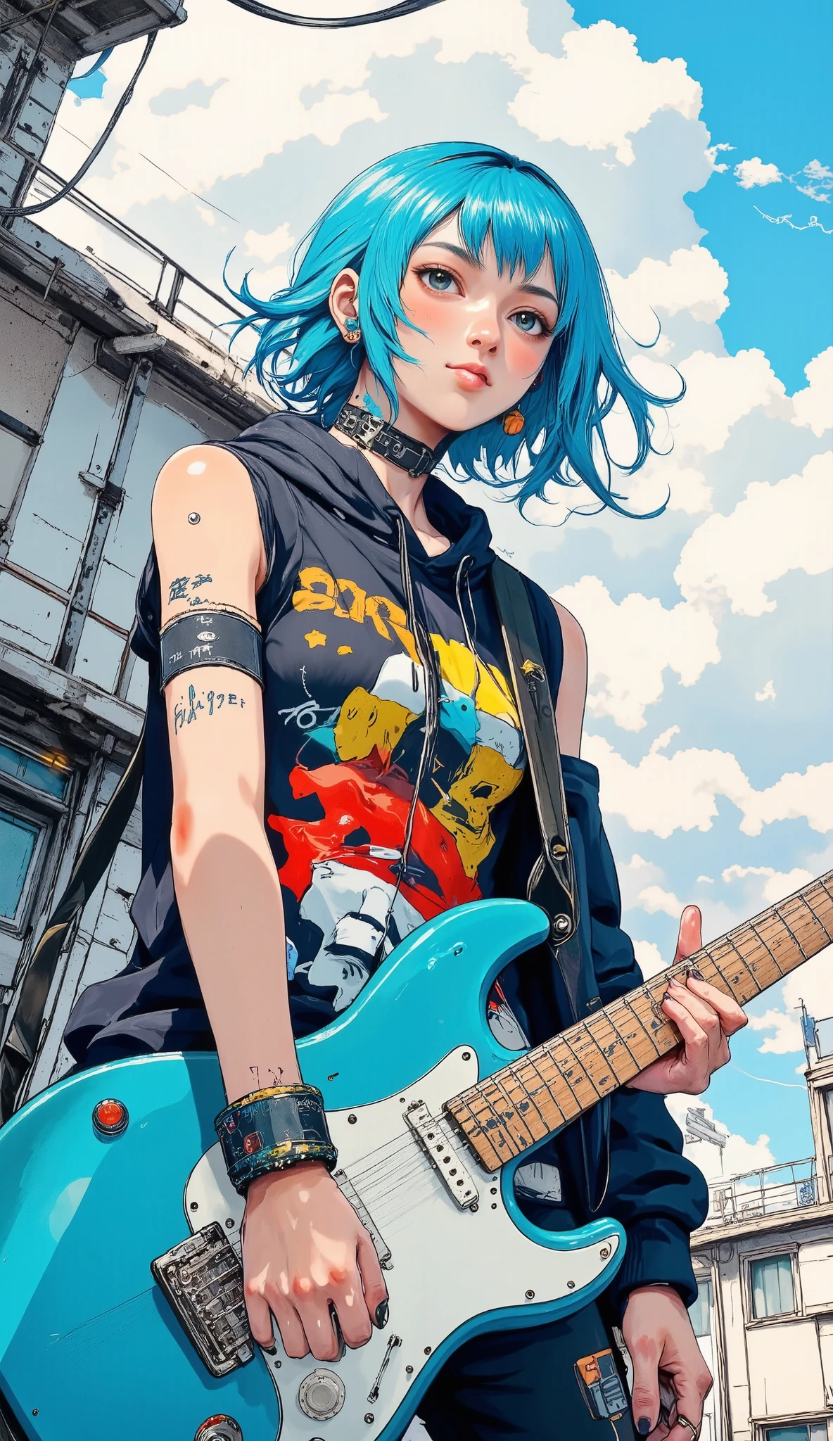 centered image,  general plane , a person holding a guitar in their hands , with the index finger, bassist, anime vibes,  sleeveless sweatshirt clothing ,  colored drawing on his sweatshirt ,  the guitar has a strap that goes over their shoulder,  camera from below ,  blue hair in the wind , hat with visor ,  spiked bracelets and chains ,  cyan guitar ,  white background,  sunshine on his left side , Pincho collar, winking, sticking out his tongue, As a mockery gesture , Tsutomu Nihei Style, guweiz, Tsutomu Nihei Art,  work of art in the style of Guweiz, dream rocker girl, Clean and detailed anime style, 2d anime style,  Mix of styles from Tsutomu Nihei , anime aesthetics, chiaroscuro, Cinematic Lighting, Fujicolor, UHD, Retina, masterpiece, Accurate,  anatomically correct , textured skin, Super detail, high details, high quality,  award winning , best quality, highres, 1080P, HD, 16K