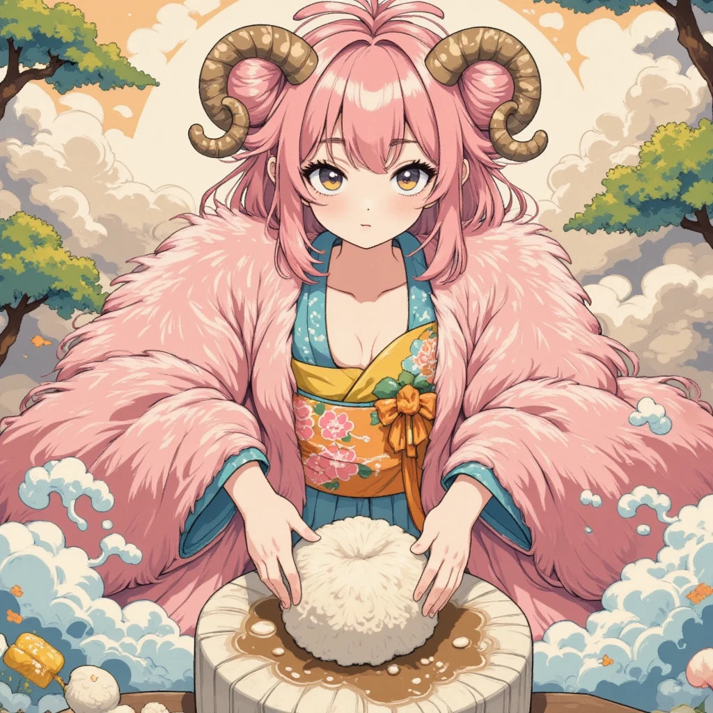 masterpiece:1.3,  highres icon:1.3, (Alone:1.2, ), One Girl \She has fluffy pink hair tied up:1.5\Round sheep horns:1.2\Thick eyebrows:1.1\ pink furry sleeve \long-sleeved kimono:1.5,  I'm surprised:1.5, Pounding rice cakes:1.5, ( dynamic pose:1.3)