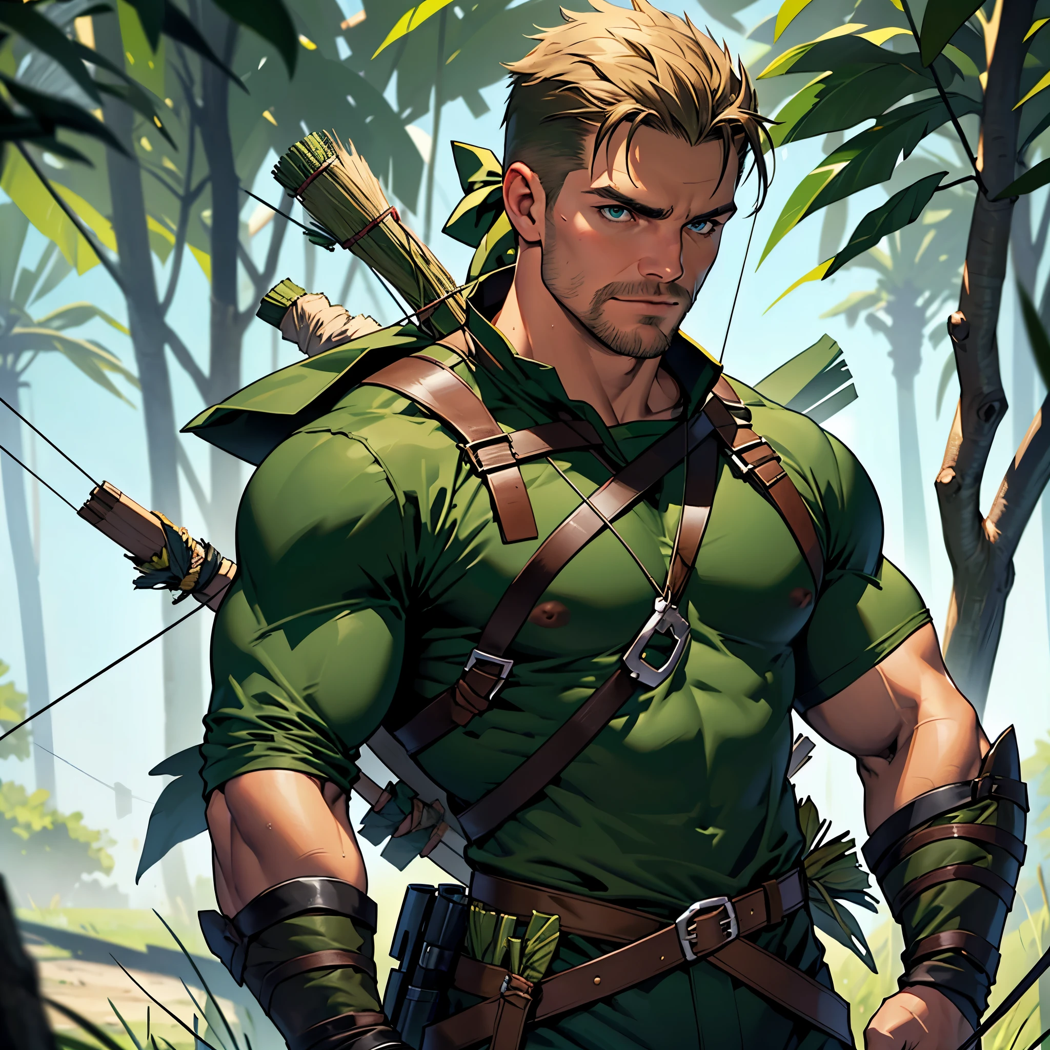 8k, high quality , detailed face , detailed fingers ,detailed muscles stephen amell as green arrow , wearing dark green outfit , showing a dark blond short hair , a thick facial hair , hard nipples, a bulge ,hunk and handsome, aiming with his bow and arrow toward the ennemy , with the quiver on his back full of arrows