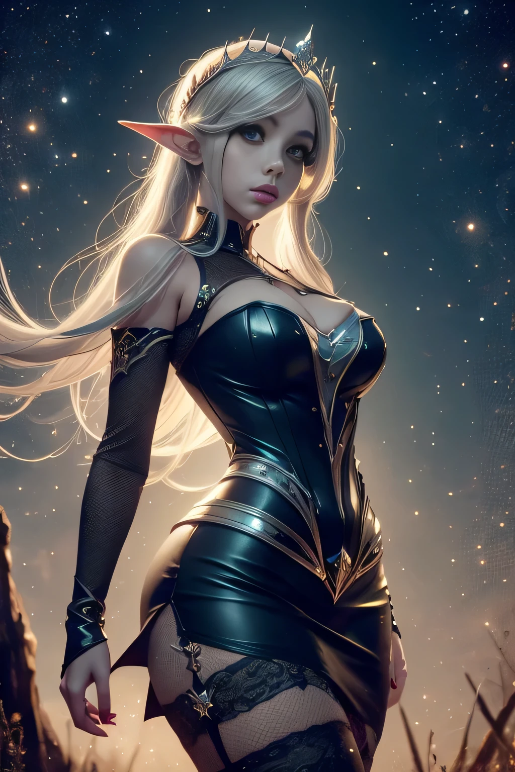 Fantasy, medieval, facing camera, ((best quality)), ((masterpiece)), (detailed), perfect face, hourglass figure, perfect skin, beautiful sexy elf, standing, heroic pose, long white hair, big eyes, black eyeliner, perfect breasts, see-through shirt, freckles, outdoors, nighttime, starry night, silver moonlight, crown of stars, metal corset, cameltoe, see-through skirt