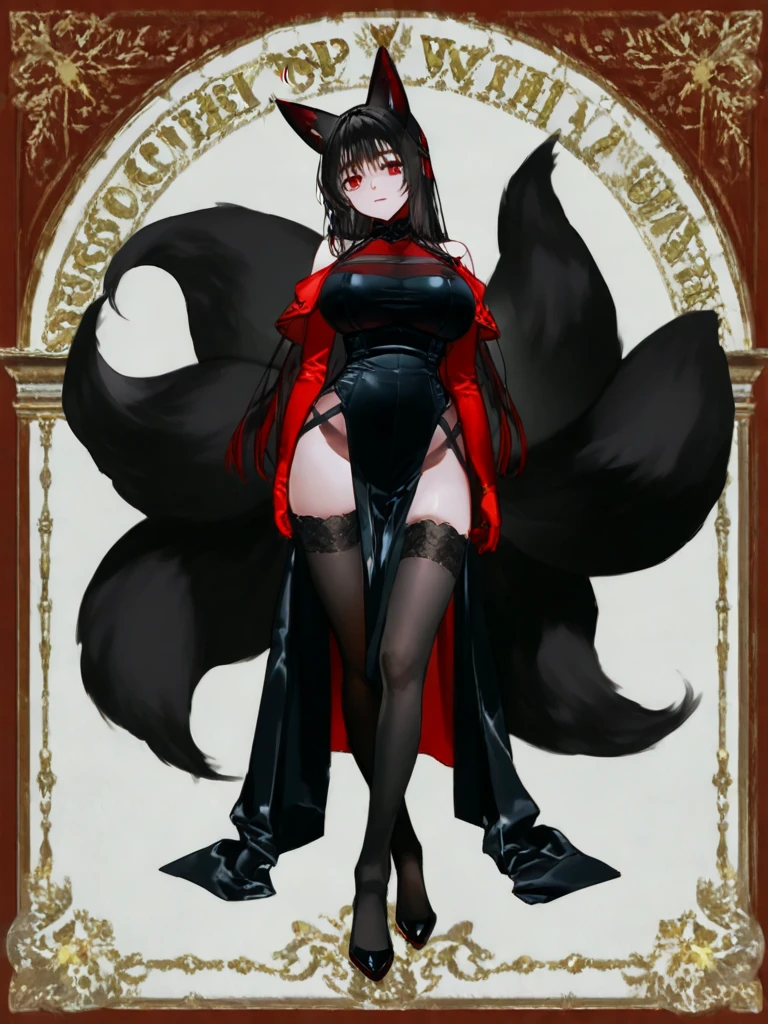 Woman with crimson red eyes, short brown black hair, Foxian tails, large breasts, black leotard dress with dark red transparent organza fabric, thigh highs, dark and cunning look, European foil sword, full body