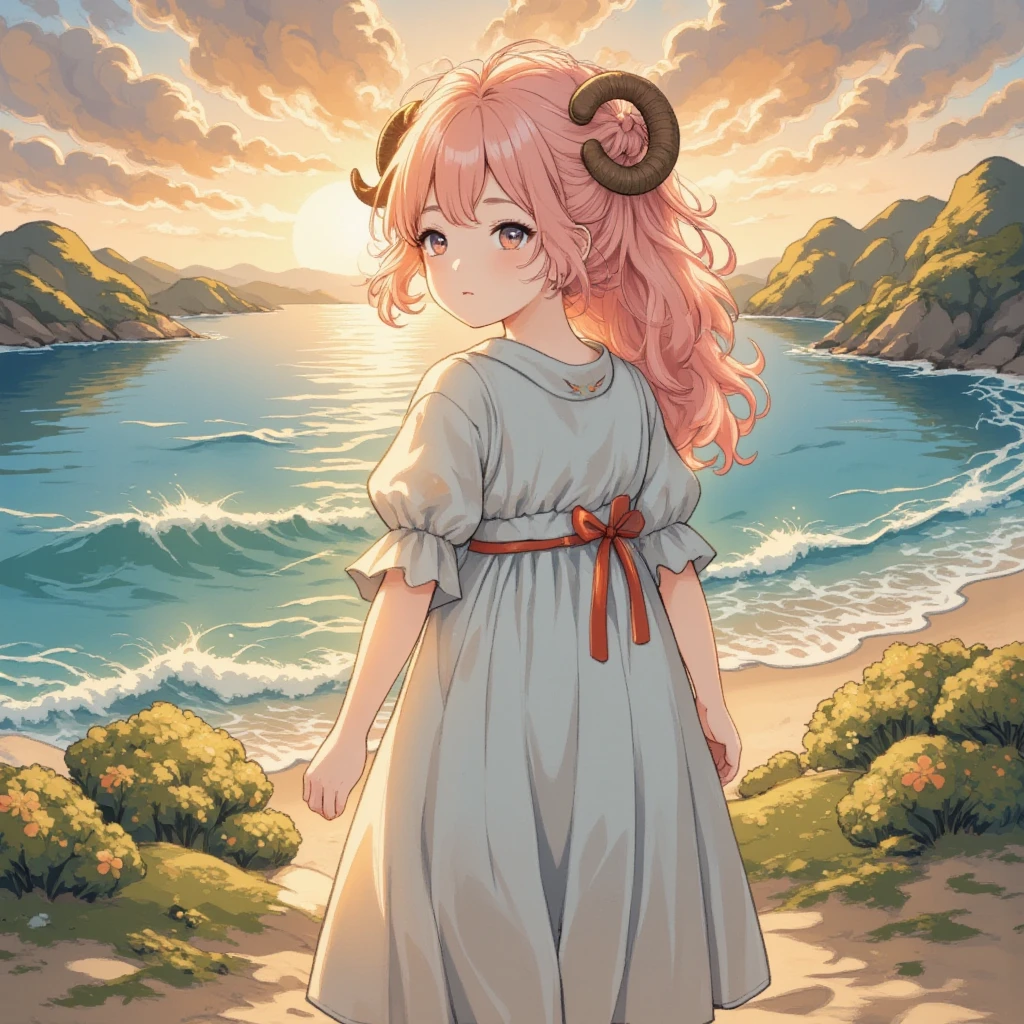 masterpiece:1.3,  highres icon:1.3, (Alone:1.2, ), One Girl \She has fluffy pink hair tied up:1.5\Round sheep horns:1.2,  First Sunrise, Coastline