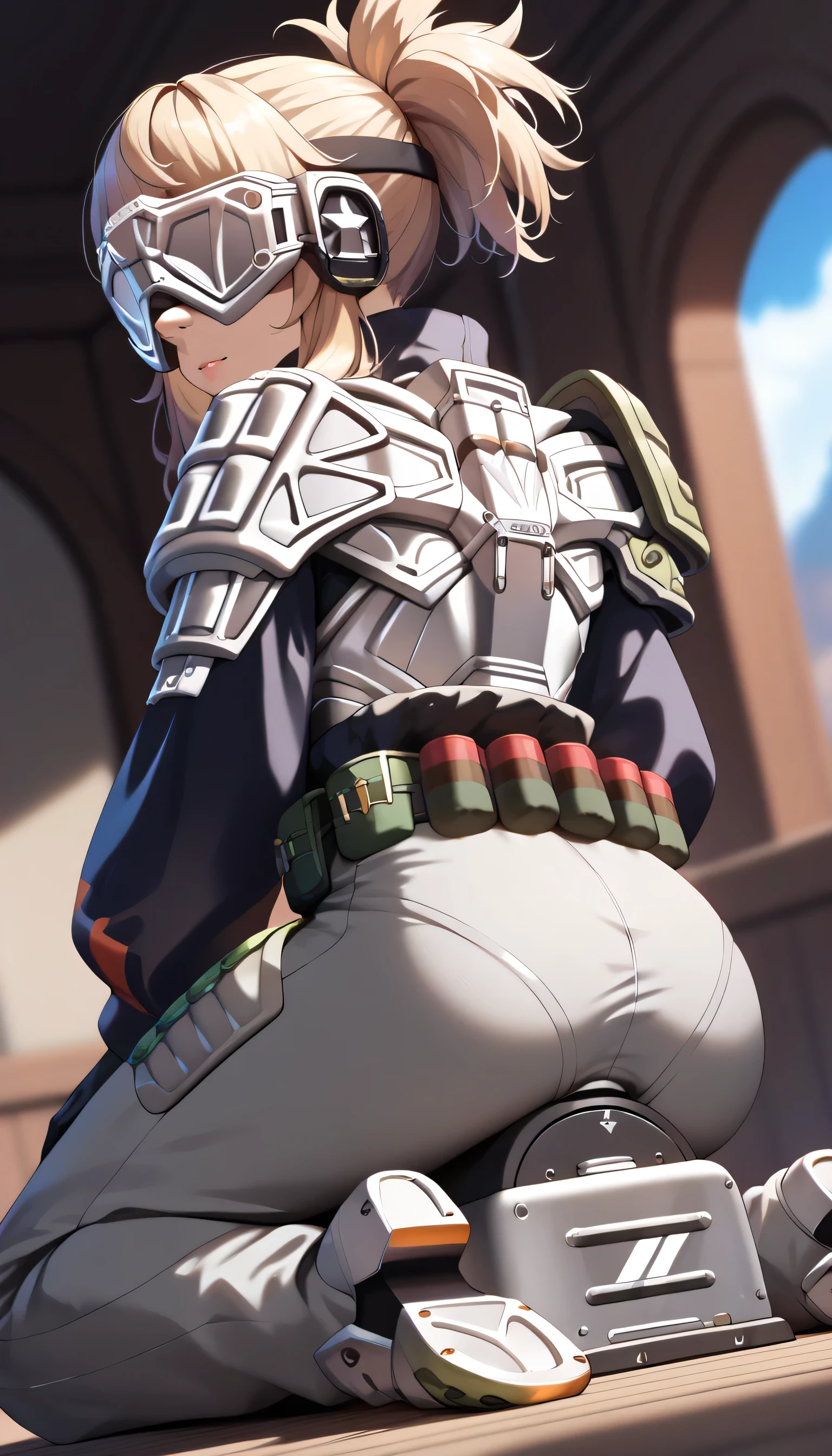 score_9, score_8_up, score_7_up, masterpiece, highest_quality, ultra_detailed, from_behind, solo_girl_focus, girl is (prdct23, visor \(armor\), covered eyes, blonde hair, armor, shoulder armor, long sleeves, gloves, grey pants, ammo belt, sleeves past wrists, looking_back, kneeling):1.5, five_fingers, detailed_face, full_of_details, perfect_hands, perfect_fingers, dramatic angle, dynamic_angle, dynamic_perspective, out-of-frame_censoring, covering_privates, ride_on_vibration_sybian, motion_line:1.5