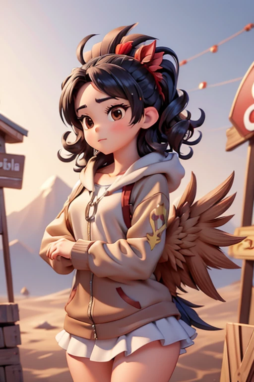 8k quality artwork, Young lady with curly hair dressed as a rooster with 2025 sign