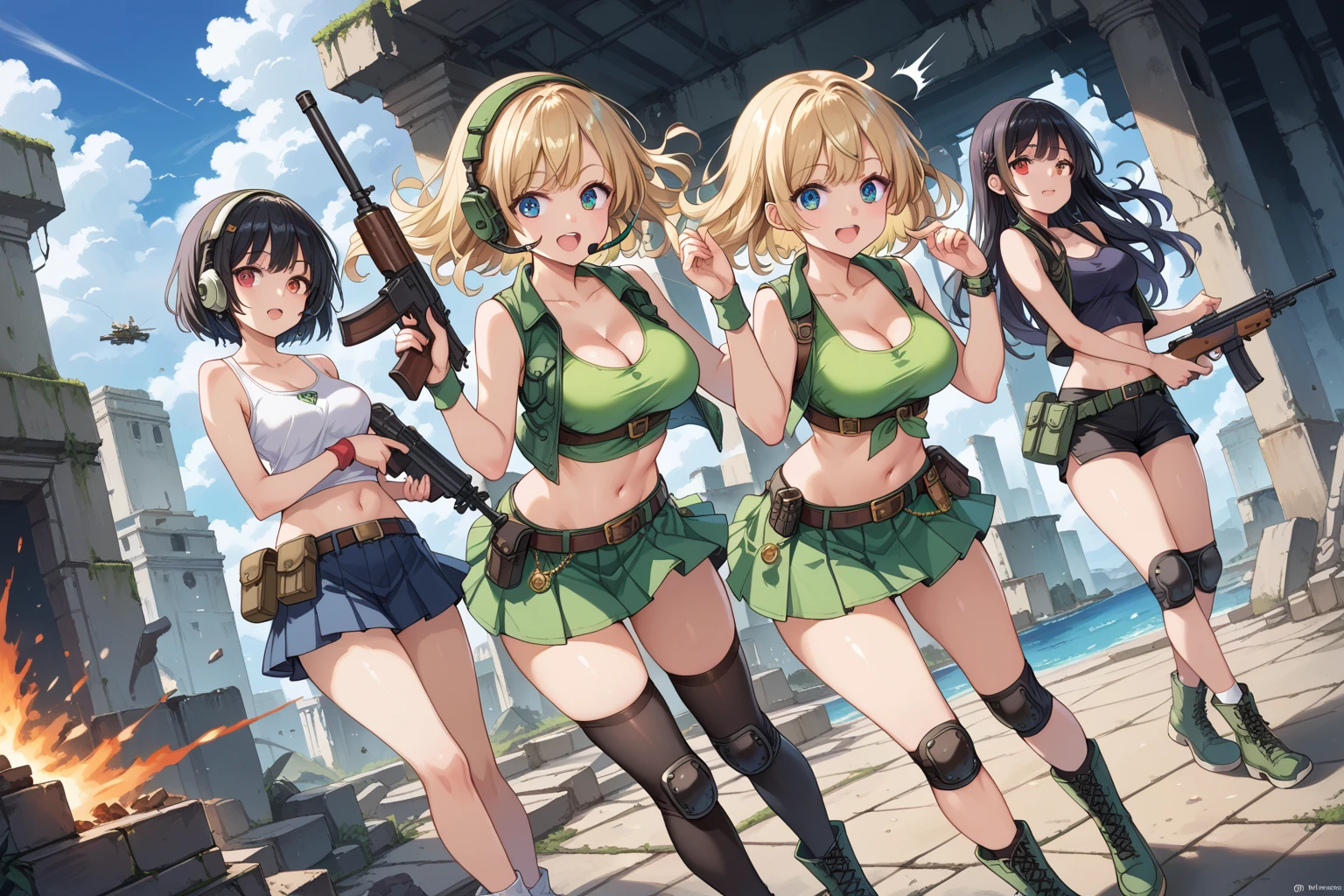 Three lightly armed beautiful girl soldiers wearing compression shorts. Anime style. Small breasts.