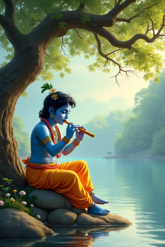Krishna waiting for Radha in the river side in down of the tree Only genrate the photo by sad sleeping 
down and playing flute 
