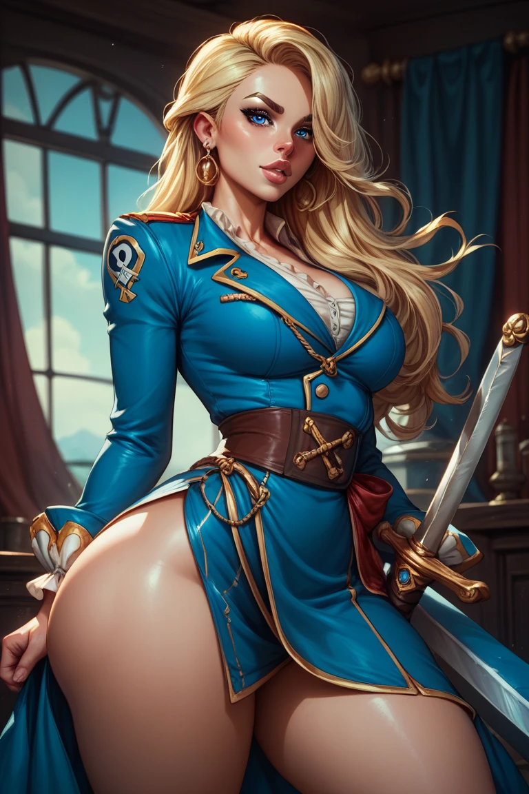 1 ,  Long hair,  blonde hair,  Fringe covering the right eye,  big boobs,  big ass,  thick thighs ,  expression would be , full lips,  blue eyes, blue military clothing, pirate sword around the waist
