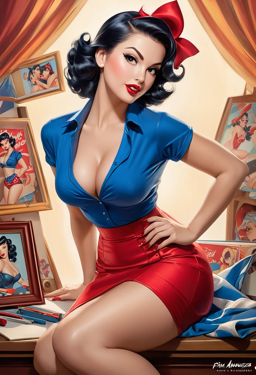 Create creative and surprising images demonstrating the style of ((Poster style pin-up)), hyperrealisti, 8K, swirly vibrant colors, clear and sharp image