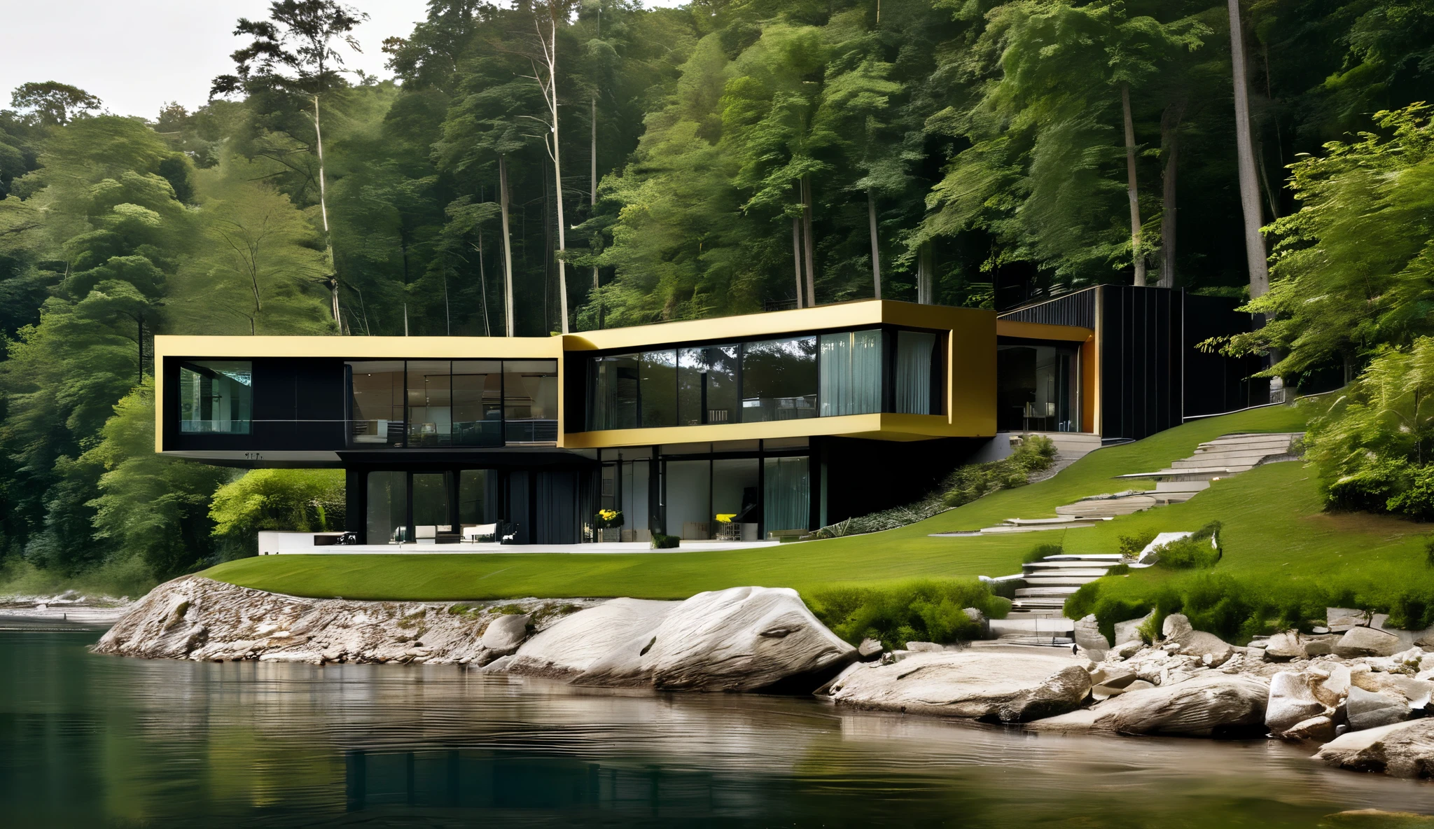 modern mansion black and gold themed colors next to river in forest