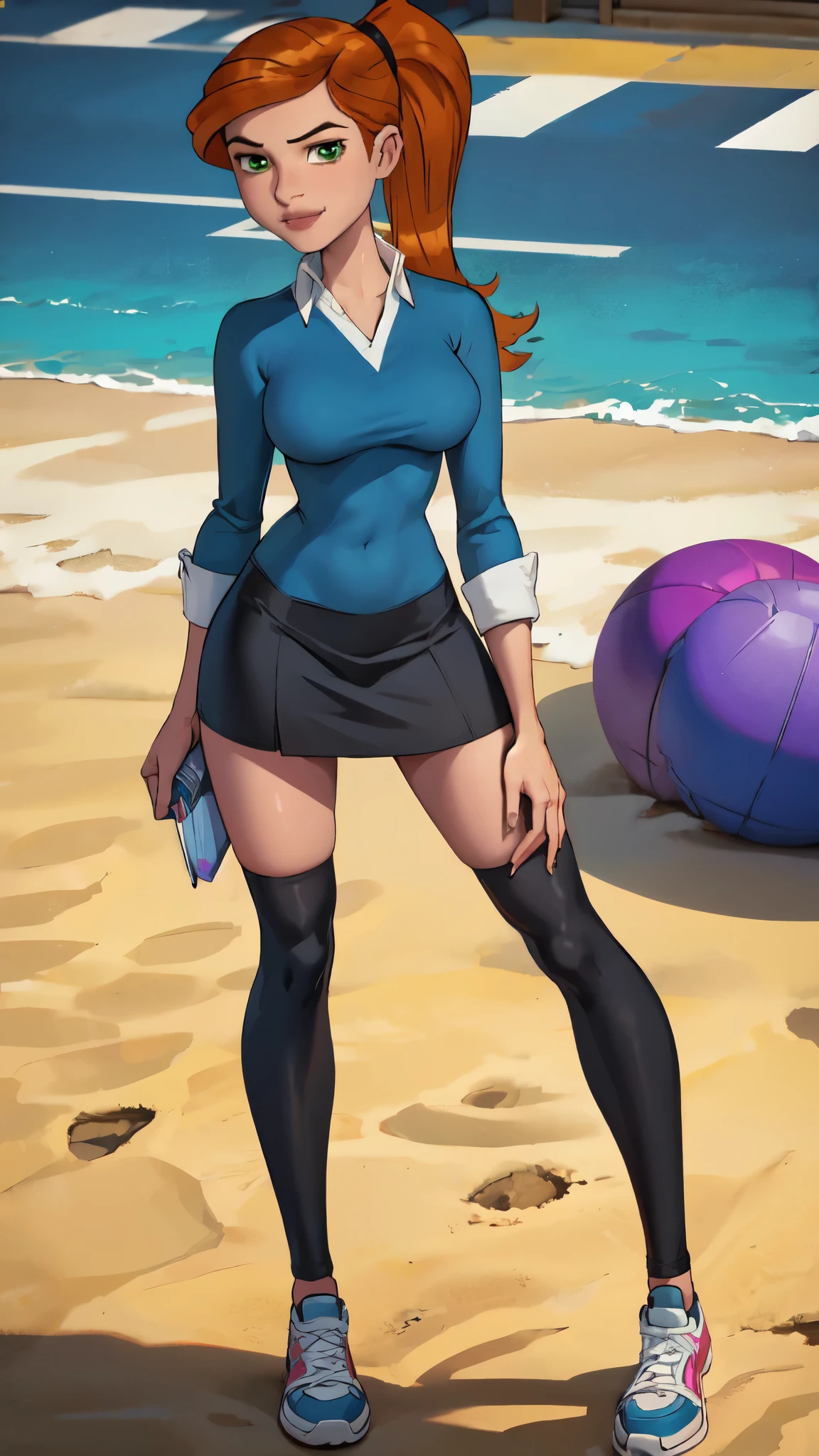 1 girl,(solo), (masterpiece:1.2), (high quality:1.0),looking at viewer, (ultra detailed),smile,pony tail,orange hair, green eyes, Gwen Tennyson, blue and white sweet shirt cat logo,black short skirt, (front view) medium body,full body view,standing on a street looking at the viewer,extremely detailed legs,black transparent leggings(ultra detailed),putting legging on legs,(masterpiece:), best quality, high resolution, unity 8k wallpaper, (beautiful detailed eyes:), extremely detailed face, perfect lighting, extremely detailed CG, (perfect hands, perfect legs,perfect anatomy), extremely detailed ,playing volleyball on beach