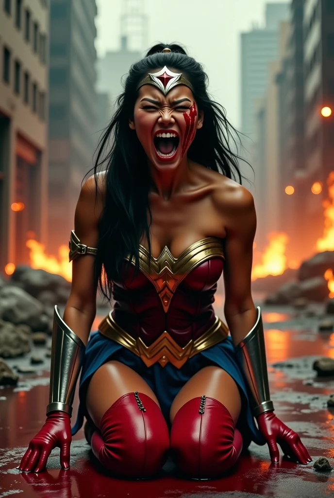 (((A beautiful woman with long black hair under the mantle of the Amazon warrior Wonder Woman light blue jumpsuit with tiny scales Red corset Wonder Woman on her knees screaming exhausted after an extensive battle blood around her Diaema Wonder Woman in silver metal silver color with a red star on her Diaema))) blood around her reflection of her in her blood bloody and terrifying images