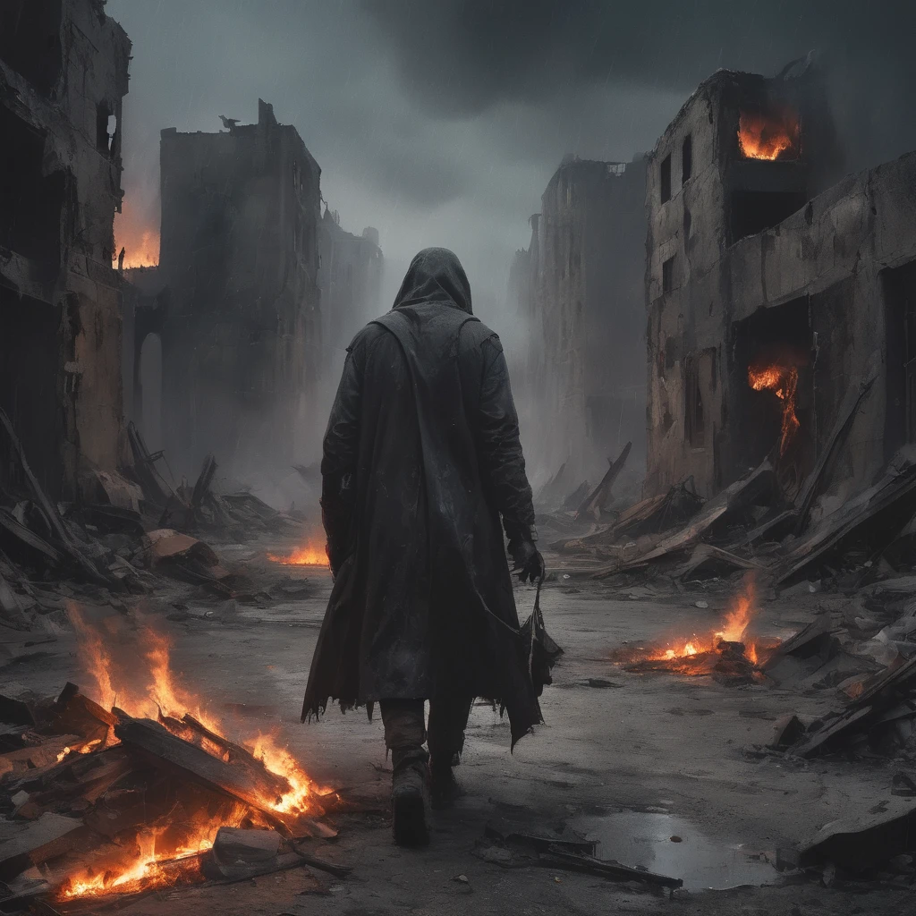  An exhausted wanderer in torn dark clothes walks through an abandoned concrete desert,  surrounded by panel houses .  In his hands, he holds a scroll ,  and his wrists are scarred . There is fire and smoke all around ,  creating an atmosphere of hell ,  but water falls from the sky ,  symbolizing cleansing .  In the distance, you can see a mirage with blurred outlines .  Color palette — dark shades of gray and black ,  with bright accents of scarlet fire and blue glare of rain . The atmosphere is gloomy,  apocalyptic and dramatic 