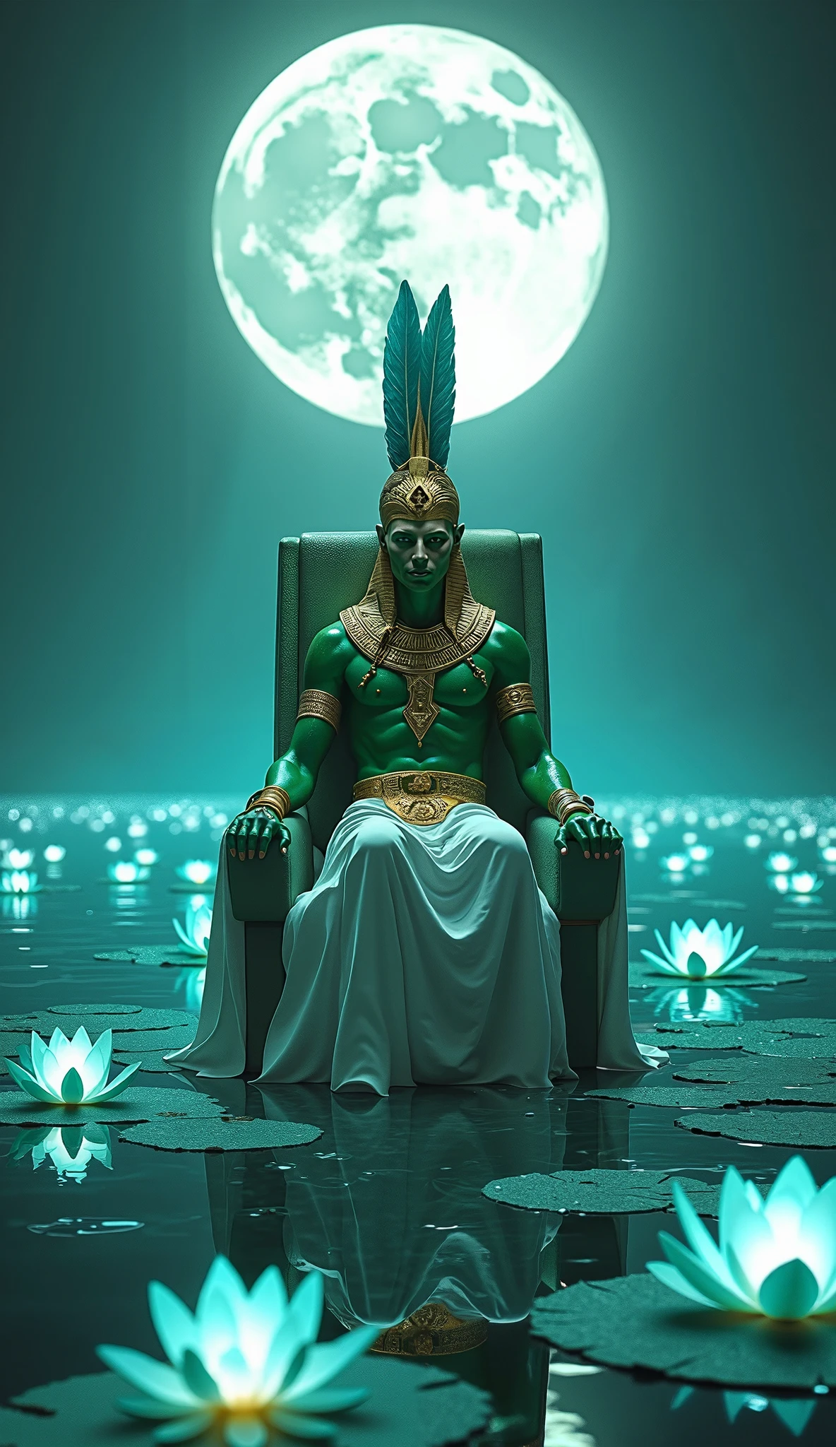 a man sitting in a chair with a crown on his head, still from the movie marvel, steampunk golden turquoise, inspired by Benjamin Marra, in the art style of quetzecoatl, graduated teal, avatar ( 2 0 0 9 ), friend george, tall and muscular, green lantern, inspired by Rockwell Kent, still from the movie avengers endgame --auto --s2
