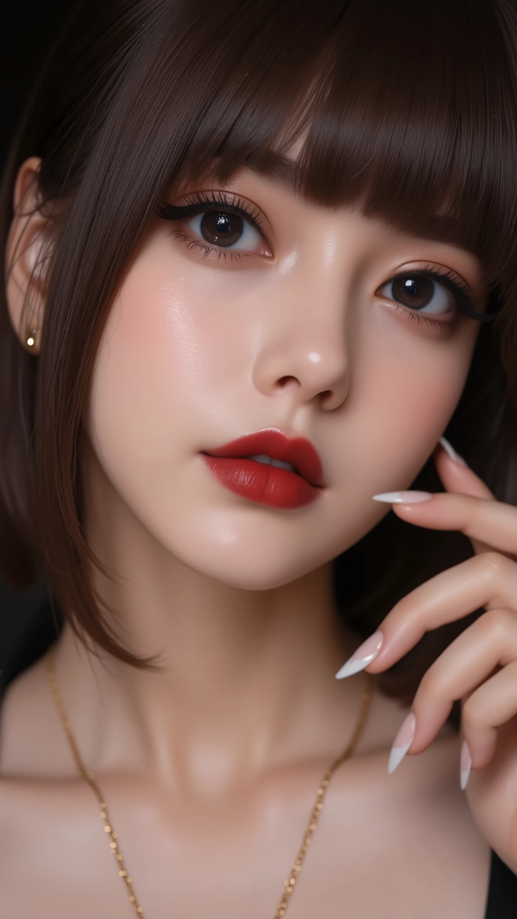 UHD, 16k, Masterpiece, top quality, Surrealism, woman, (( Blunt bangs with straight hair covering the face, dark wing eyeliner, bold matte red lipstick, complexion white and smooth, nails long, light and shiny manicure, gold necklace and small rectangular pendant, ))