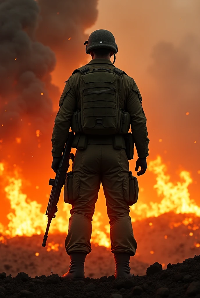Soldado americano em close, face 3/4, olhando para blindados se aproximando, As a big explosion happens in the background. Soldier shoulders knots, uma bandeira de Israel bastante desgastada. cinemactic, photographic, realista, 4k