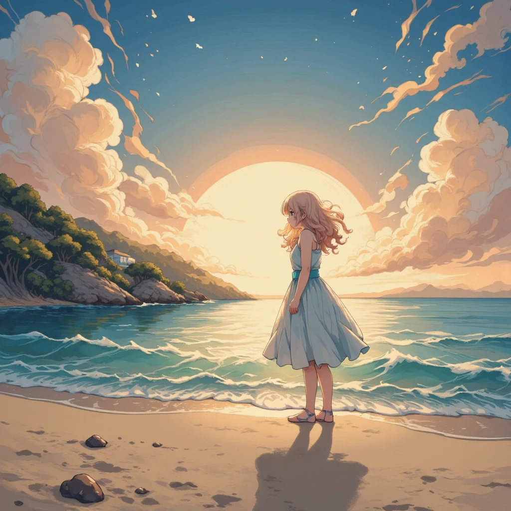 masterpiece:1.3,  highres icon:1.3, (Alone:1.2, ), One Girl ,  First Sunrise, Coastline,  morning glow