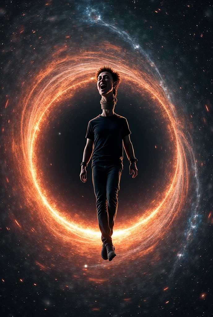Person being sucked into a black hole like spaghetti all over his body