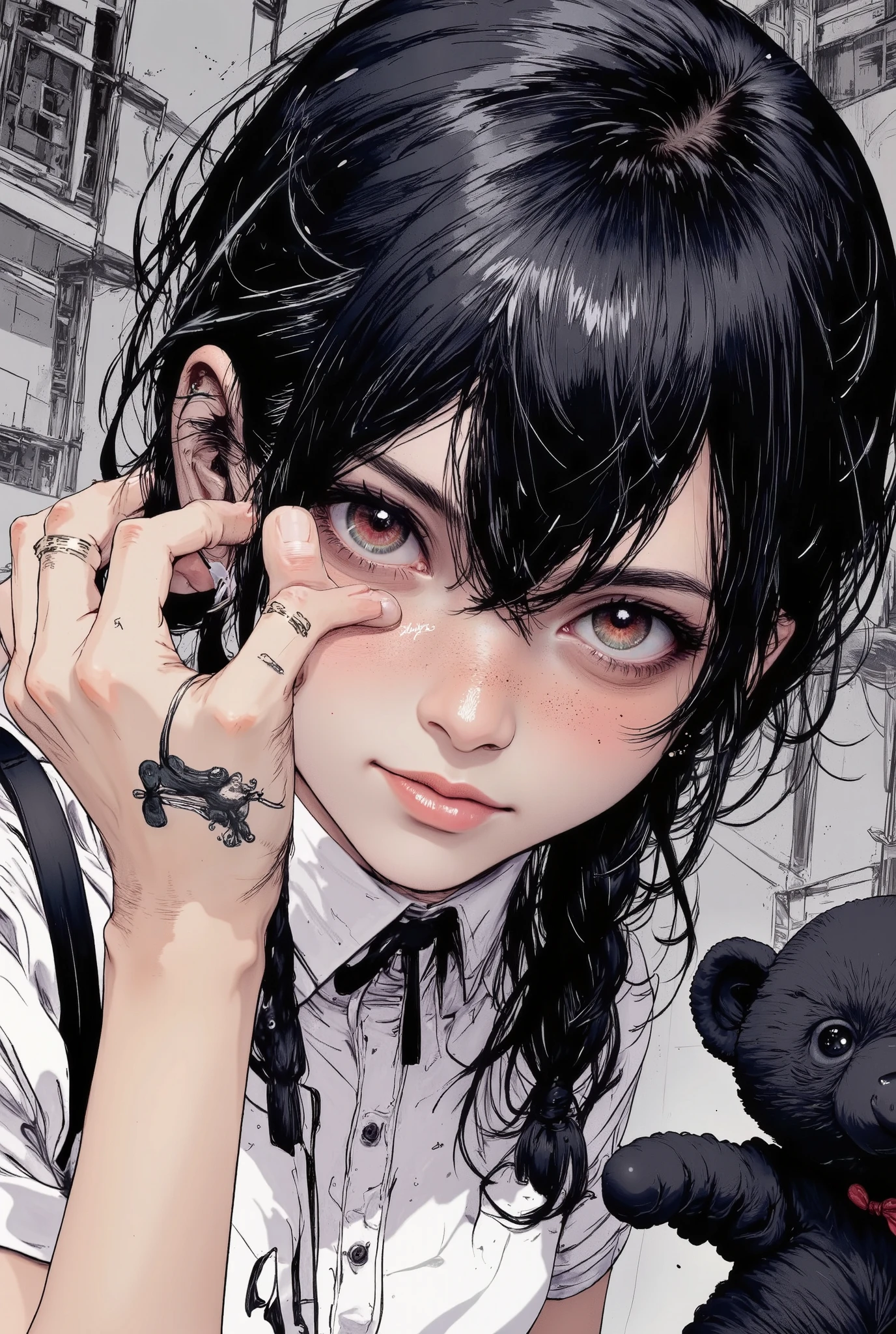 centered image, Manga style:1.51,  Anatomically correct :1.5,  Close-up of a young woman with tattoos on her arms and left cheek,  bangs up to her eyebrows , light eyes,  her head tilted slightly downwards ,  looking at the camera ,  boucles sur les côtés de sa tête ,  wears long hair with braids Careful ,  Black hair,  boucles d'oreilles dans chaque oreille ,  elle appuie son menton avec les deux mains ,  she wears rings ,  tie suit on the top and shoulders , jupe courte moulante ,  long black media transparent , bracelets on their hands,  has a black teddy bear on her knees ,  gray background with different brushstrokes , gothic style:1.3, sombre,  Your expression is one of sadness  ,  digital art by Hikari Shimoda  , dans CGSociety  ,  surréalisme pop ,  low quality pop surrealism  ,  surréalisme pop  low quality art style, Beeple y Jeremiah Ketner,  Japanese pop surrealism  , Cute kawaii, low quality art,  bel art détaillé ,  illustration in the style of Guweiz  ,  surrealist pop art style 