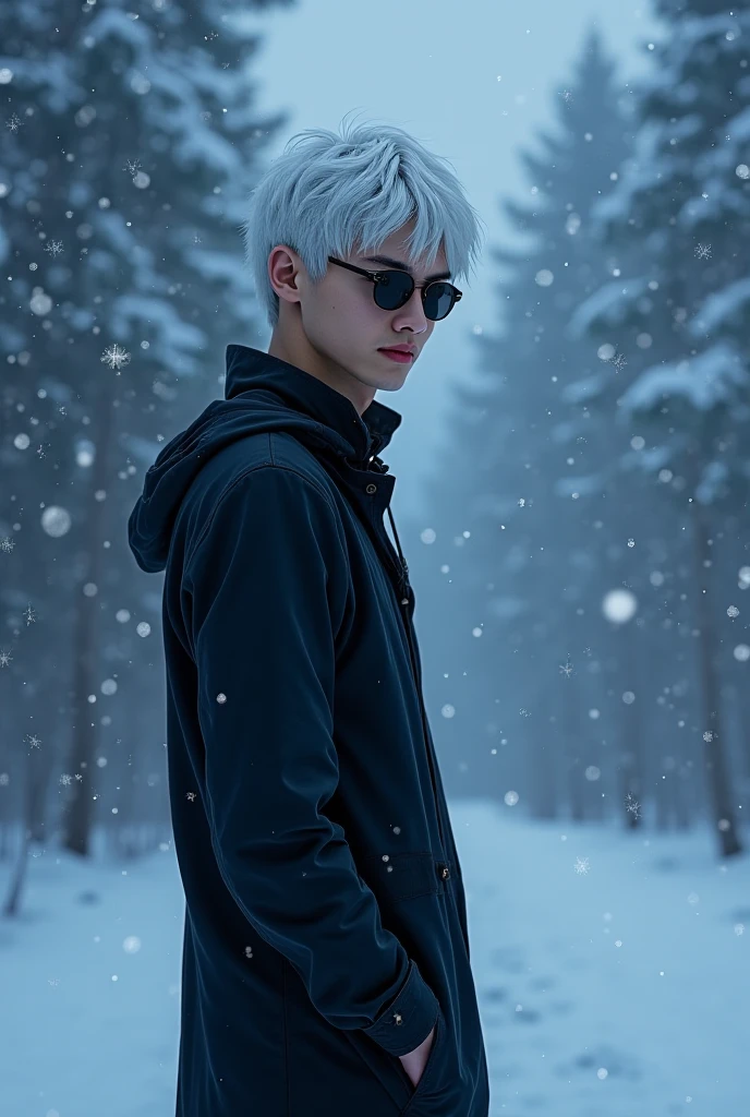 Katsuki bakugou, (upper body, head turned to the side), Nordic forest, daytime, standing, snowing