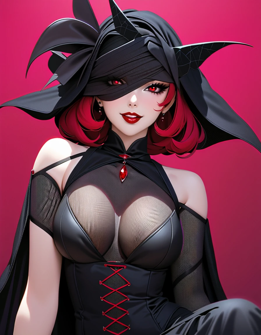 Last girl standing in end of the world, vampire Apocalypse, ((black hair, red highlights)), glowing beauty eyes, huge perfect breast, blood splatter, model pose, red black outfit, more blood, boobies on focus, ((detailed face)), black hood, lacy corset, sitting, stocking