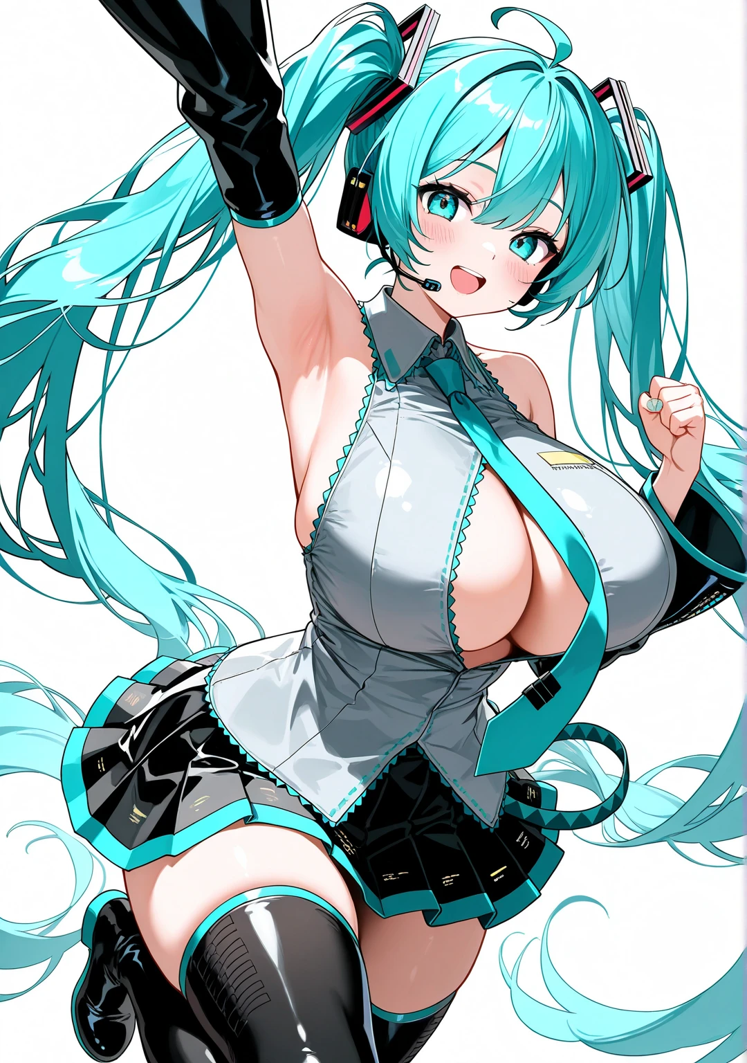 1girl, hatsune miku, huge breasts, ahoge, aqua eyes, aqua hair, aqua necktie, arm up, armpits, bare shoulders, black footwear, black skirt, blush, boots, breasts, clenched hand, collared shirt, detached sleeves, grey shirt, headset, long hair, looking at viewer, necktie, open mouth, shirt, skirt, sleeveless, sleeveless vertical opening at front shirt, smile, solo, standing, standing on one leg, thigh boots, twintails, very long hair,