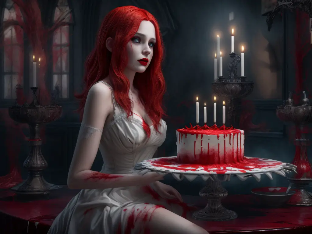 a  picture of extremely (beautiful (1) female vampire: 1.4) looking at (red MasterChef style cake: 1.5), an exquisite (1) beautiful vampire, full body, ultra feminineת (ultra detailed face: 1.2), blond hair, short hair, pale skin, red lips, blue eyes, (vampiric fangs: 1.2) wearing sexy white seductive latex dress, blood stains on the dress, looking at a red Bakeoff, award winning cake, 2 floors, decorated with red whipped cream, and artful stylish decorations, blood dripping from the cake, dark castle style kitchen background, dim candles light, dark fantasy art, gothic art, dynamic angle, best details, best quality, 16K, [ultra detailed], masterpiece, best quality, (ultra detailed), full body, ultra wide shot, photorealistic,