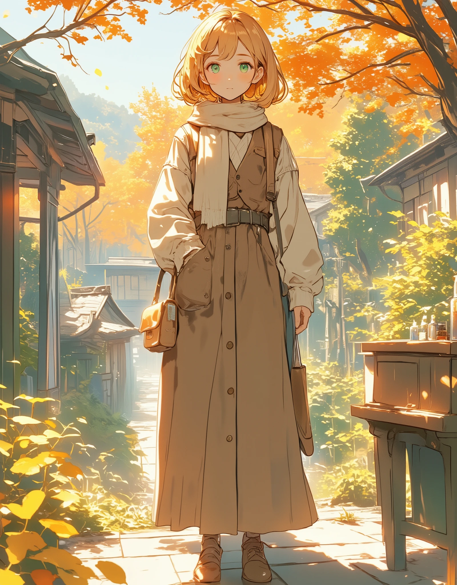 A beautiful young girl with short golden ginger hair, wide green eyes, wearing a long skirt, long vest, and a scarf, holding a bag, in an autumn garden,(best quality,4k,8k,highres,masterpiece:1.2),ultra-detailed,(realistic,photorealistic,photo-realistic:1.37),detailed eyes,detailed lips,extremely detailed face,longeyelashes,1girl,autumn,garden,scarf,bag,long skirt,long vest,ginger hair,green eyes,natural lighting,vibrant colors,serene