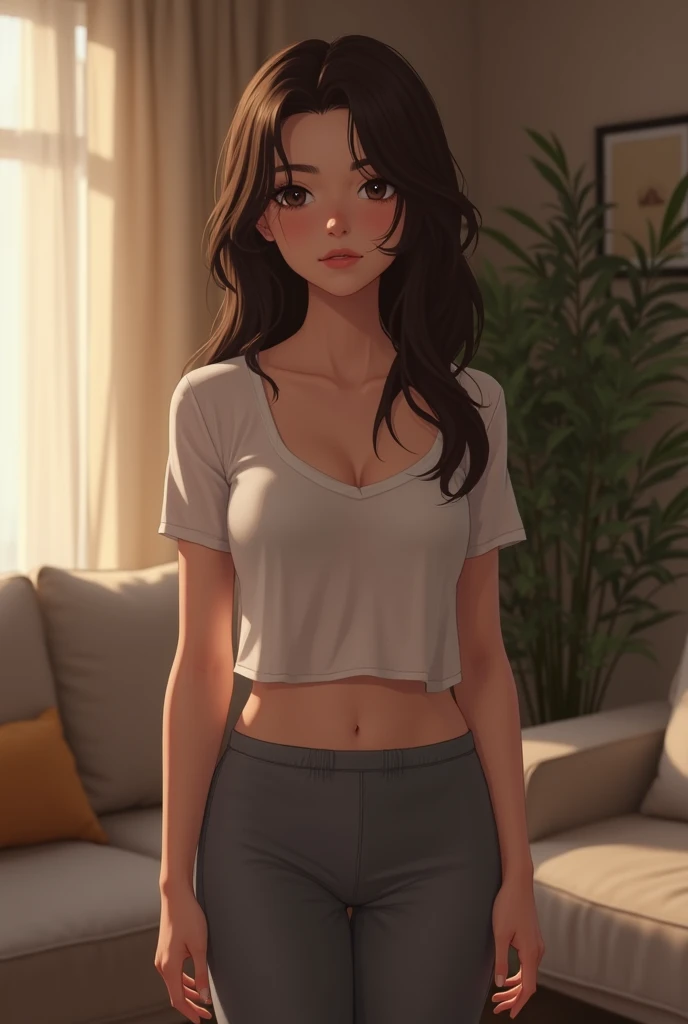 Masterpiece, best quality, cowboy shoot, alone, 1 girl, mlppinkiepie, smile:0.5, look at viewer, Pink tank top, Pink sweatpants, living room, In the building,dynamic light, slight smile, Medium bust