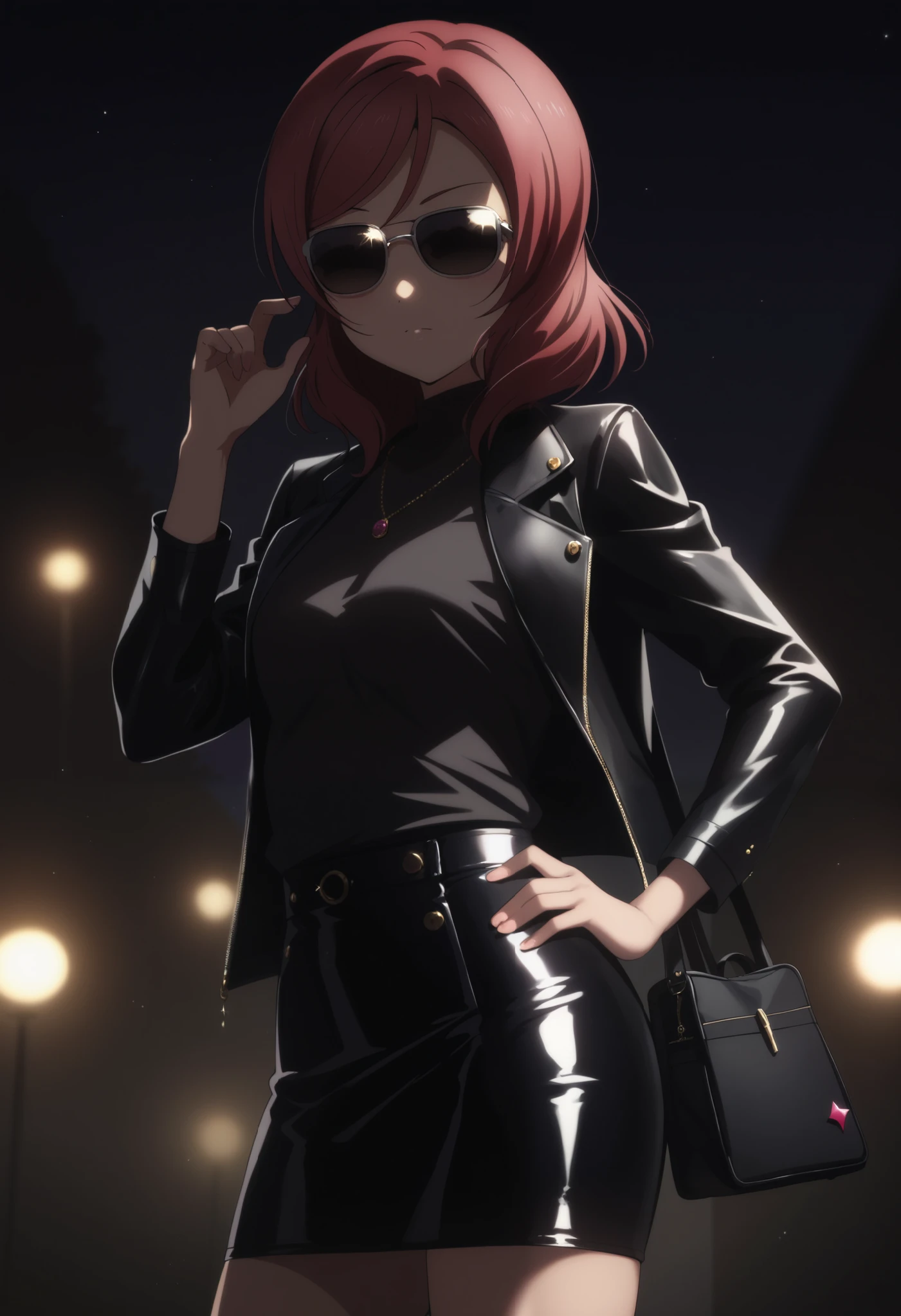 Nishikino maki, covered eyes, love live , (midriff:0.5), detailed body, shiny skin , standing , black leather jacket over a dark grey shirt, latex skirt, sunglasses, night ,p4l0m4,one hand on hip,red hair,anime, love live, luxurious arm bag