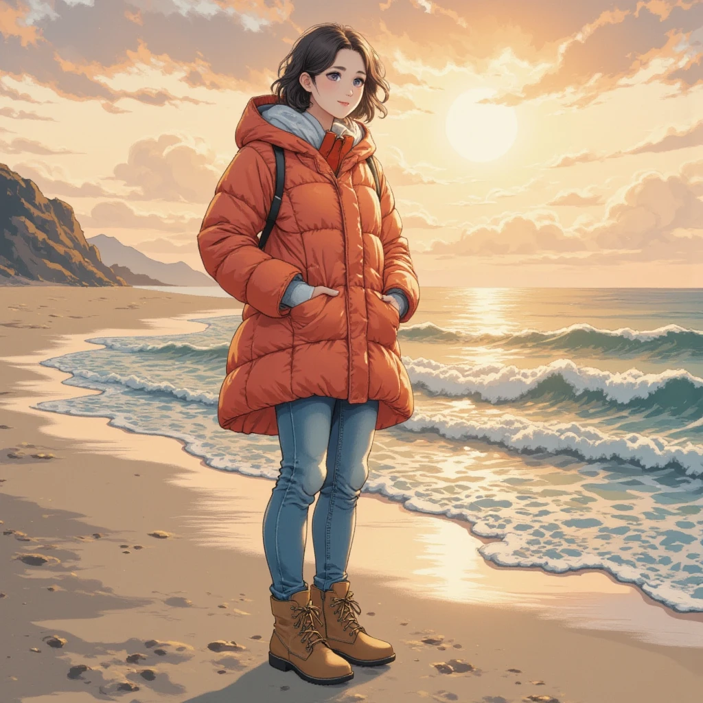 masterpiece:1.3,  highres icon:1.3, (Alone:1.2, ), One Girl , Red down jacket,  jeans,  boots,  back:1.3,  First Sunrise, Coastline,  morning glow, Winter beach