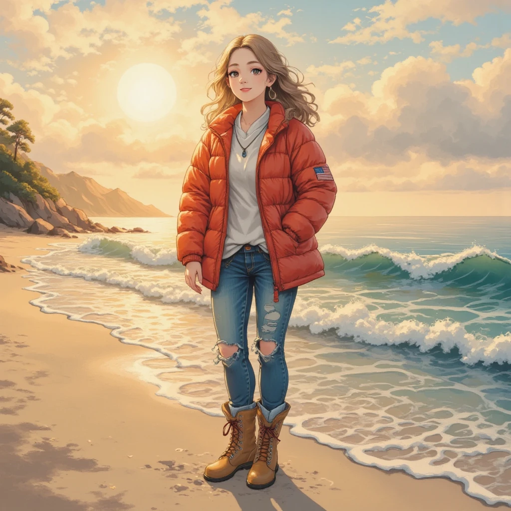 masterpiece:1.3,  highres icon:1.3, (Alone:1.2, ), One Girl , Red down jacket,  jeans,  boots,  back:1.3,  First Sunrise, Coastline,  morning glow, Winter beach