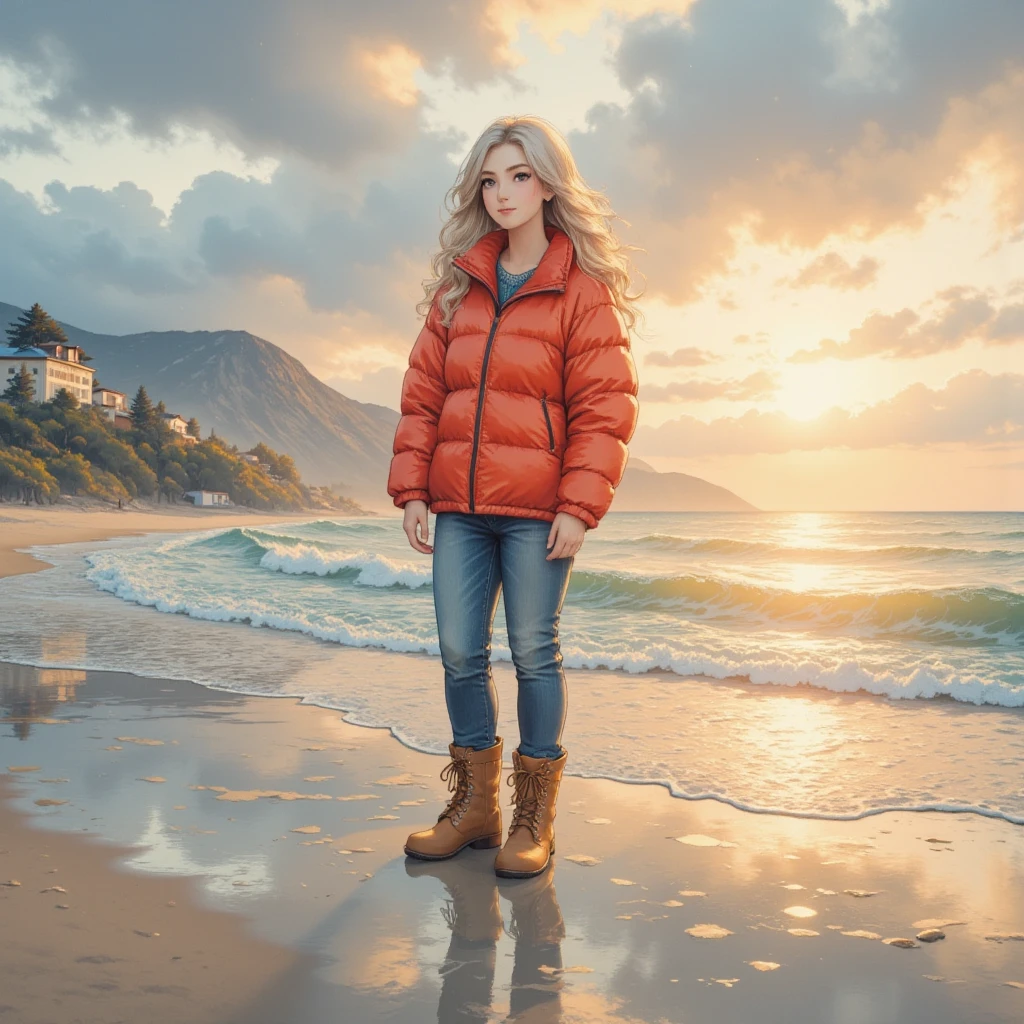 masterpiece:1.3,  highres icon:1.3, (Alone:1.2, ), One Girl , Red down jacket,  jeans,  boots,  back:1.3,  First Sunrise, Coastline,  morning glow, Winter beach