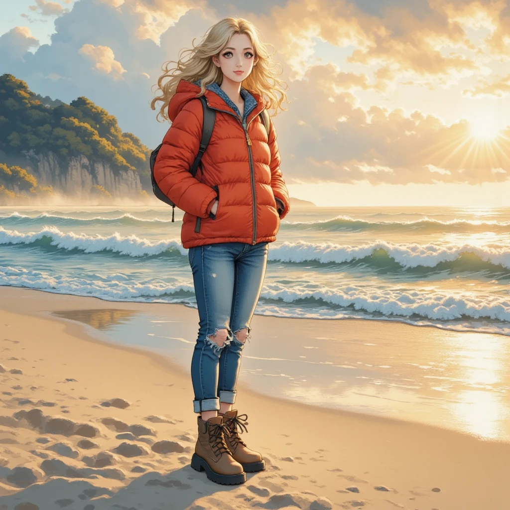 masterpiece:1.3,  highres icon:1.3, (Alone:1.2, ), One Girl , Red down jacket,  jeans,  boots,  First Sunrise, Coastline,  morning glow, Winter beach