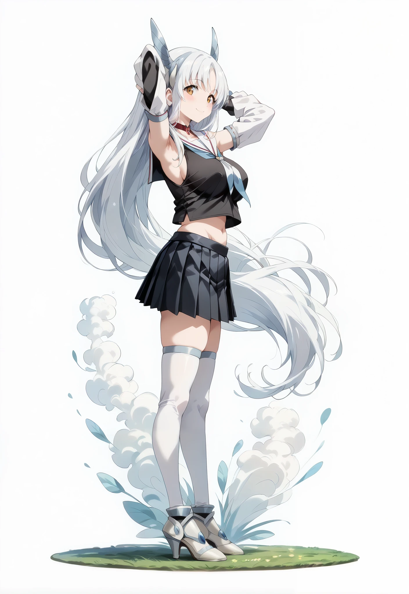 score_9, score_8_up, score_7_up, source_anime, 4K,perfect fingers,(perfect hands, perfect anatomy),prefect lighting, very aesthetic, intricate details,highly detailed background, masterpiece, high quality, best quality,
1girl,kaori shirasaki, long hair, large breasts, brown eyes, white hair, anime screencap,,
wearing ((red choker,black shirt,sailor collar,detached sleeves, black skirt,pleated skirt,white thighhighs,midriff)),,
looking at the spectator, filed, ((arms behind head:1.5)), high thigh individual , (large breasts:0.9),Stand up,((fullbody:1.5)),((White plain background:1.5)) ,((Seductive smile)),((side view:1.5)),leaning forward:1.3,looking at viewer,