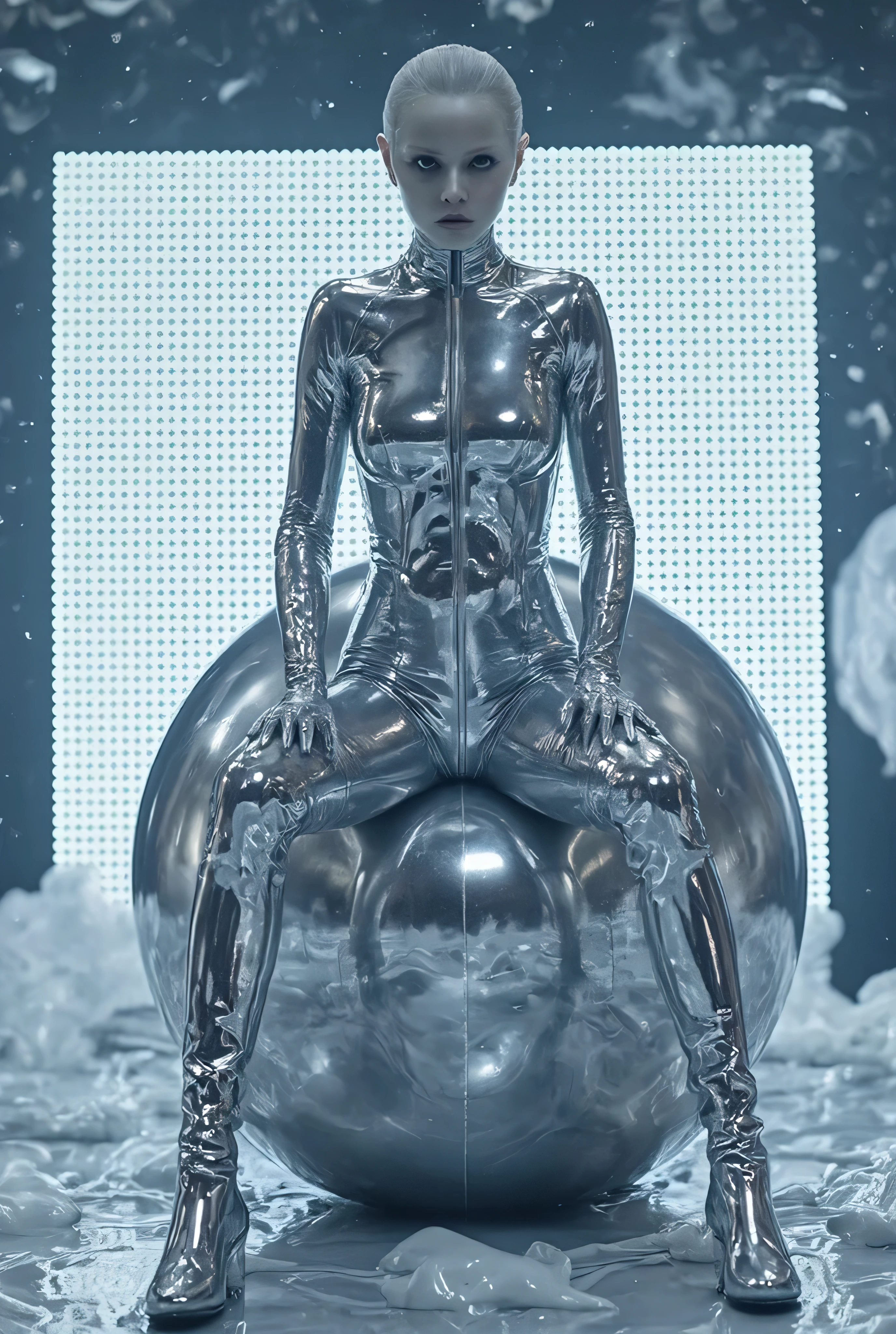 view on whole body, sitting on big silver rubber ball, one young skinny white girl in thin oiled seamsless fullbody silver catsuit, gloves, catears, big bright led screen in the background, slimy floor, strong spot light on legs