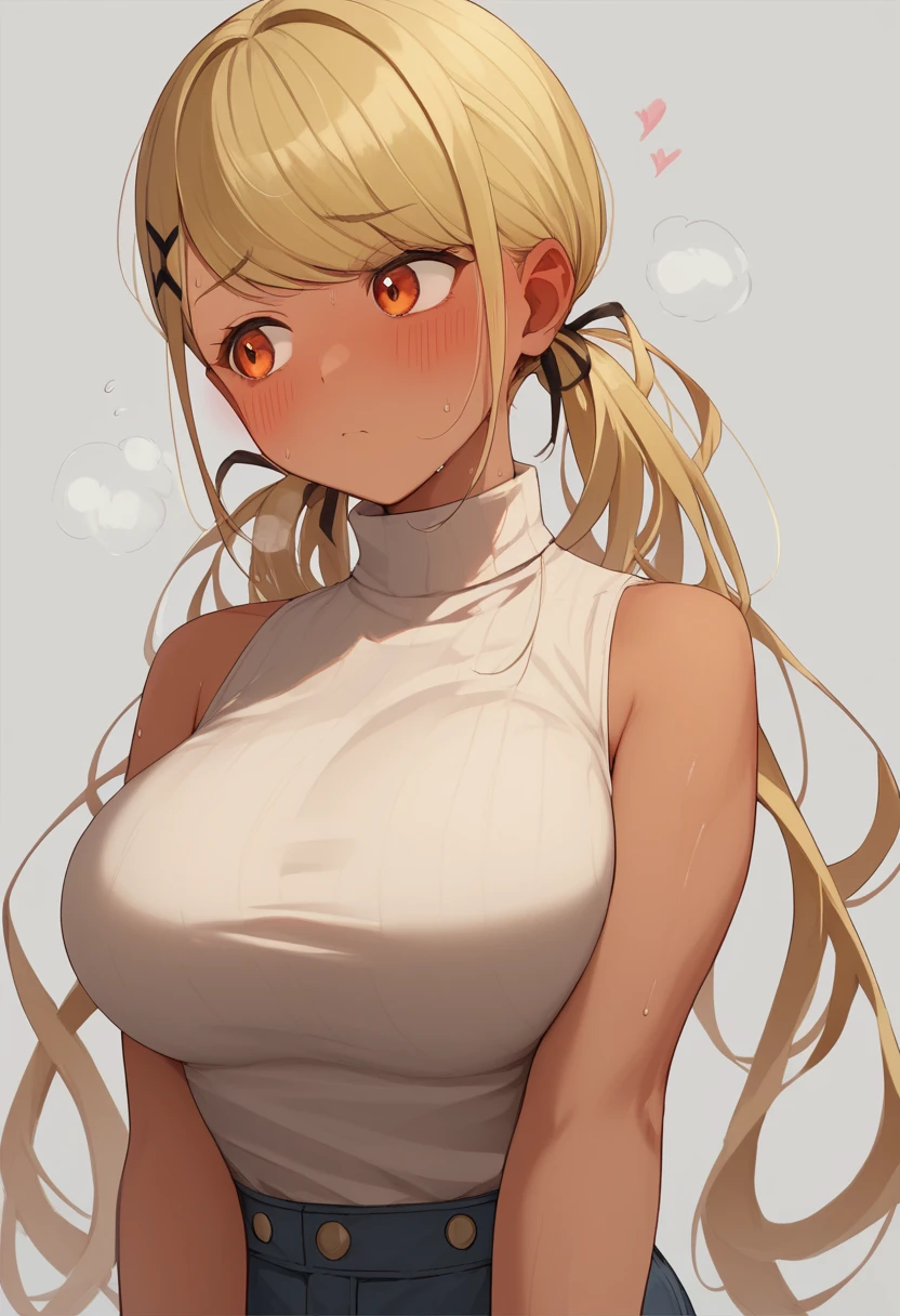  HD、masterpiece、KaminariQpi,  orange eyes , dark skin, blonde hair, long hair, swept bangs, low twintails、large breasts、sleeveless turtleneck,Pichi Pichi，blush:1.3 ， sweaty:1、difficulty breathing、sexual expression, embarrassing、 looks away、 heart on the eye, blush