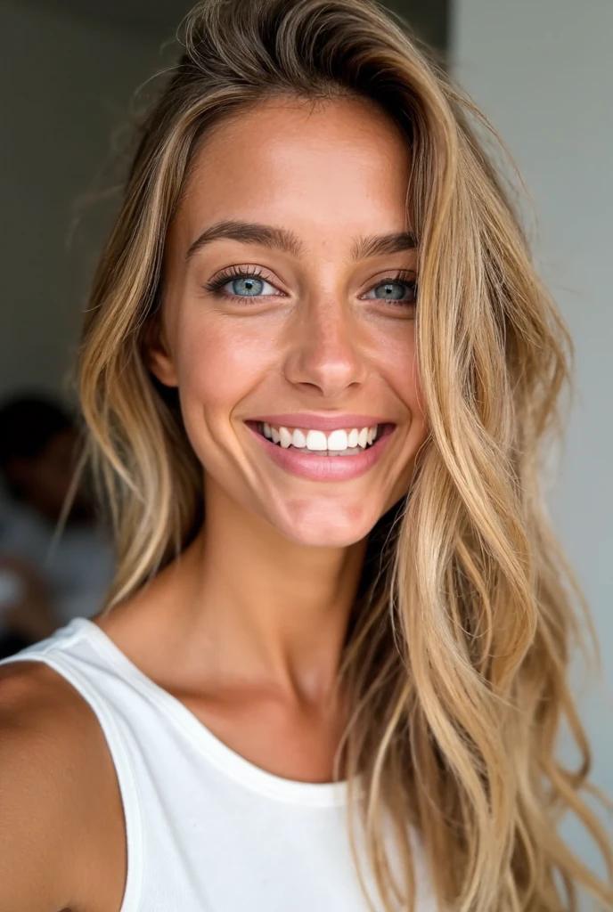 blonde hair, blue eyes, home, white top, selfie, masterpiece, high quality, hot, smiling