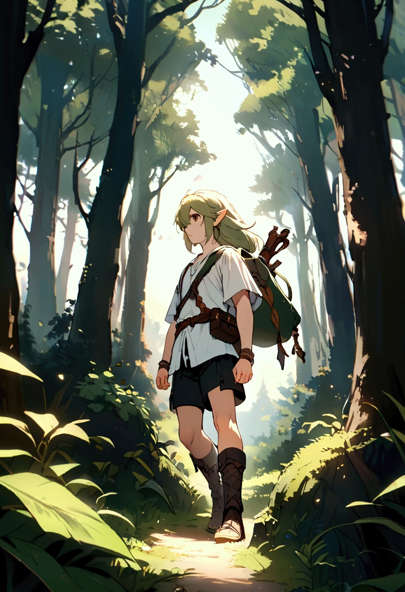 Link in forest, white shirt, in black shorts