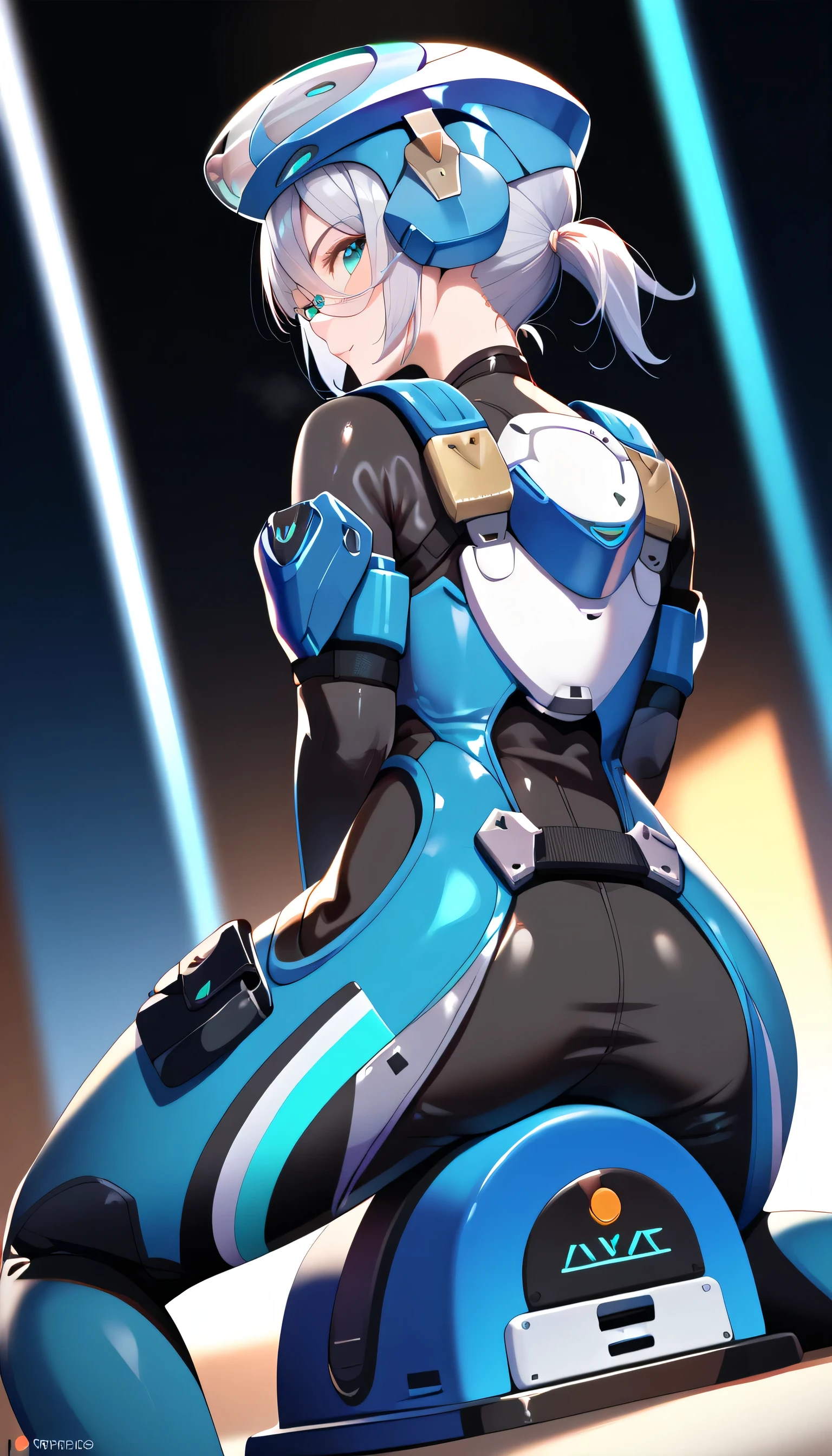 score_9, score_8_up, score_7_up, masterpiece, highest_quality, ultra_detailed, from_behind, solo_girl_focus, girl is (prdct08, aqua eyes, helmet, silver hair, ponytail, blue armor, black bodysuit, gloves, looking_back, kneeling):1.5, five_fingers, detailed_face, full_of_details, perfect_hands, perfect_fingers, dramatic angle, dynamic_angle, dynamic_perspective, out-of-frame_censoring, covering_privates, ride_on_vibration_sybian, motion_line:1.5