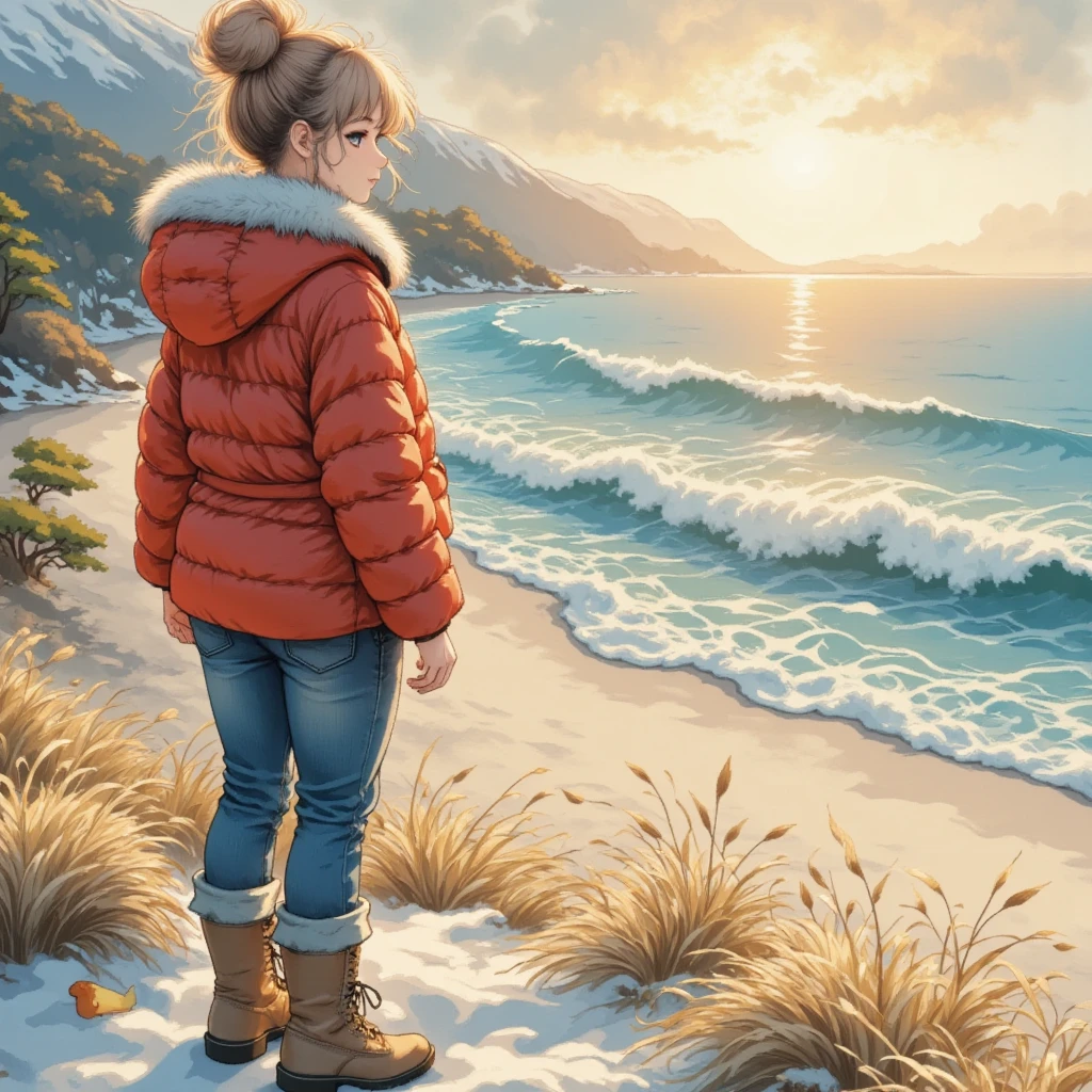 masterpiece:1.3,  highres icon:1.3, (Alone:1.2, ), One Girl , Red down jacket,  jeans,  boots,  back:1.3,  First Sunrise, Coastline,  morning glow, Winter beach