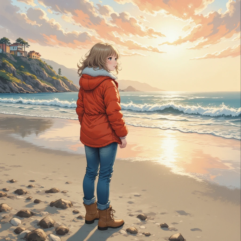 masterpiece:1.3,  highres icon:1.3, (Alone:1.2, ), One Girl , Red down jacket,  jeans,  boots,  back:1.3,  First Sunrise, Coastline,  morning glow, Winter beach